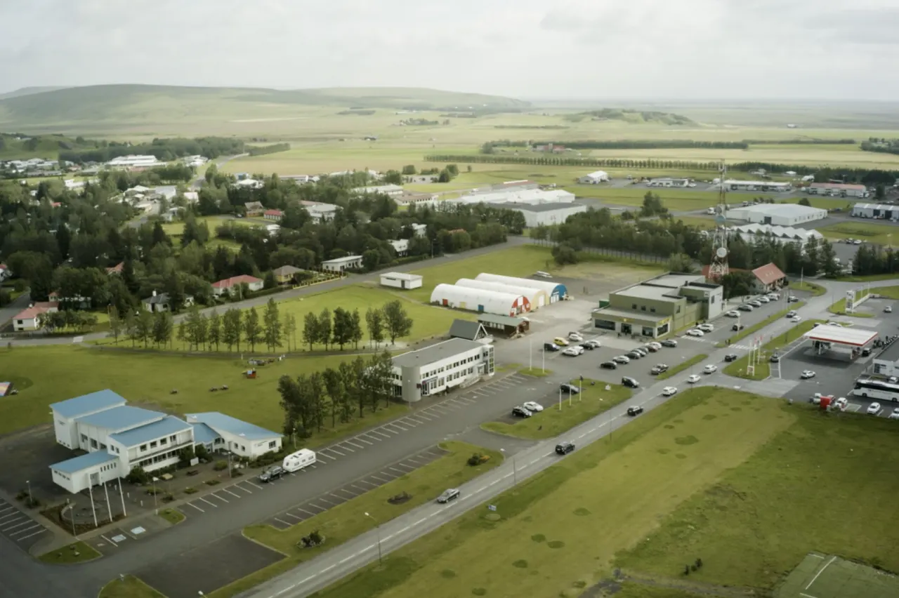 Aerial view of Hvolsvöllur and surrounding South Iceland farmland near the Ring Road.