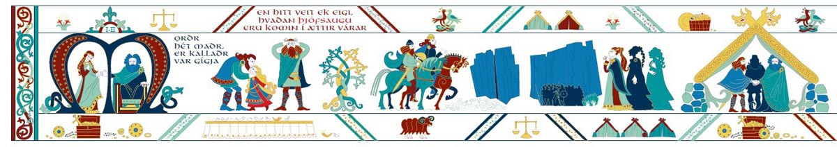 Long illustrated section of the Njáls Saga Tapestry with figures and saga symbols.