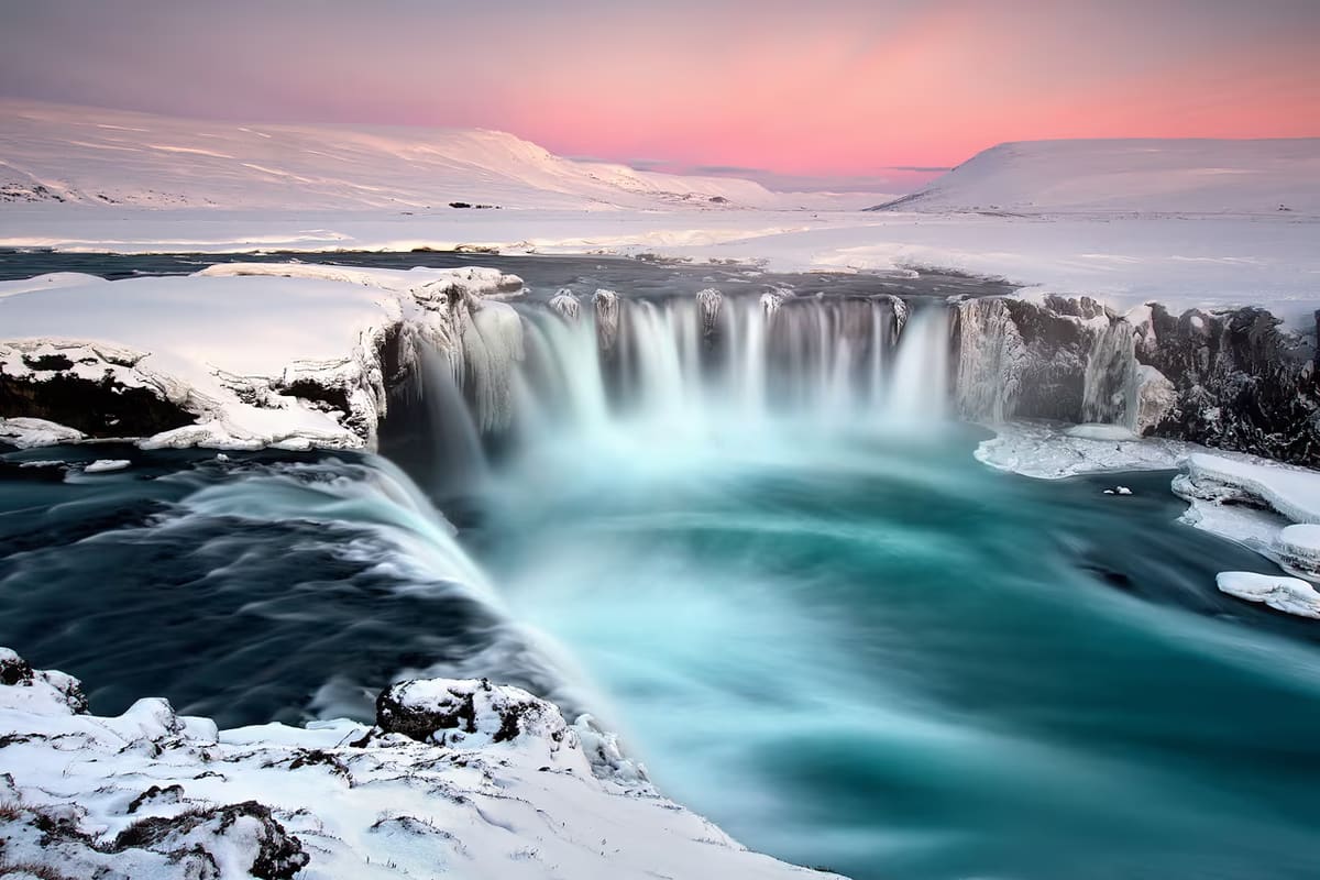 Goðafoss waterfall in winter near the Ullarfoss route.
