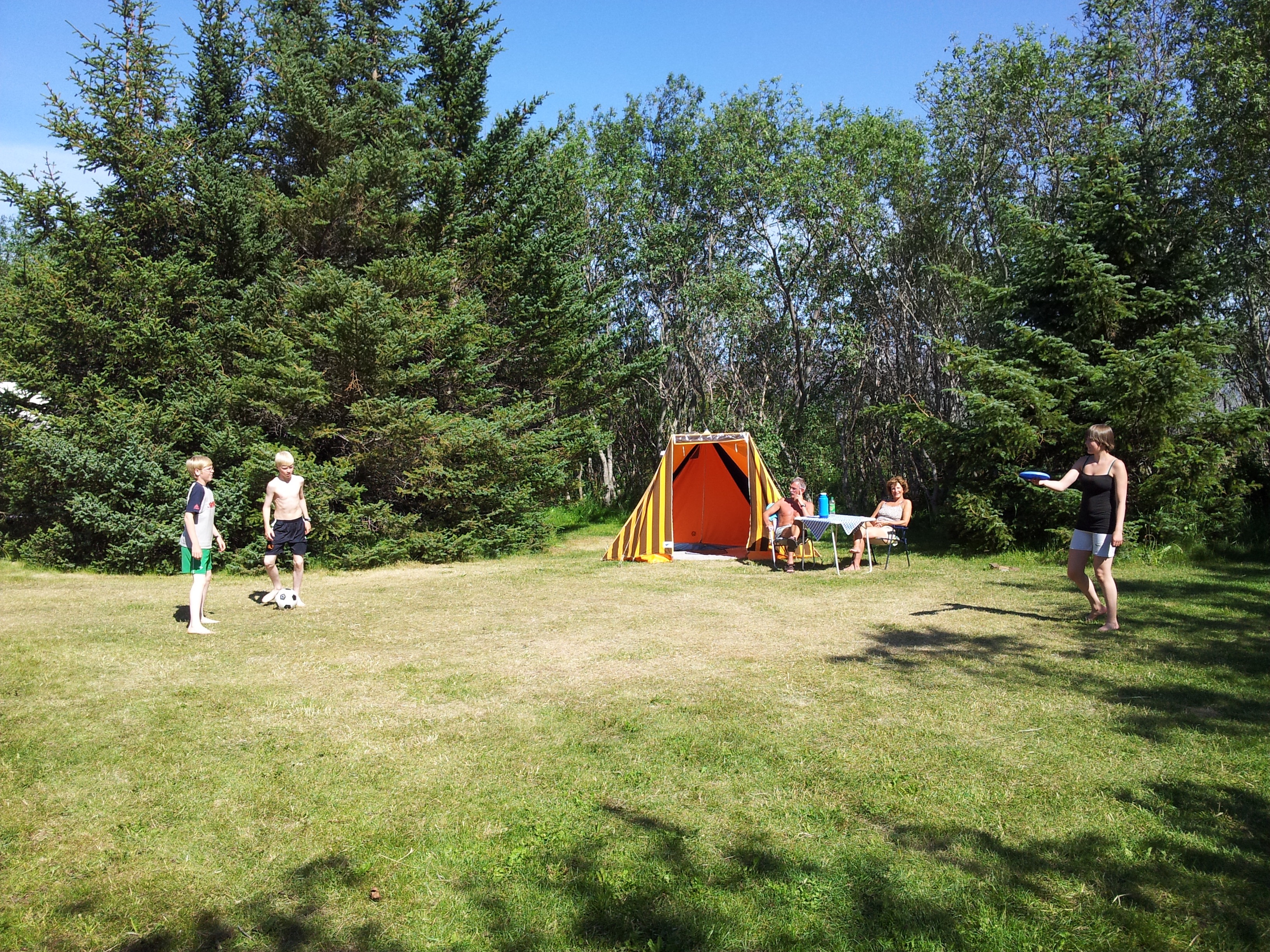 Small tent and trees at the Varmahlíð campground beside Reykjarhóll.