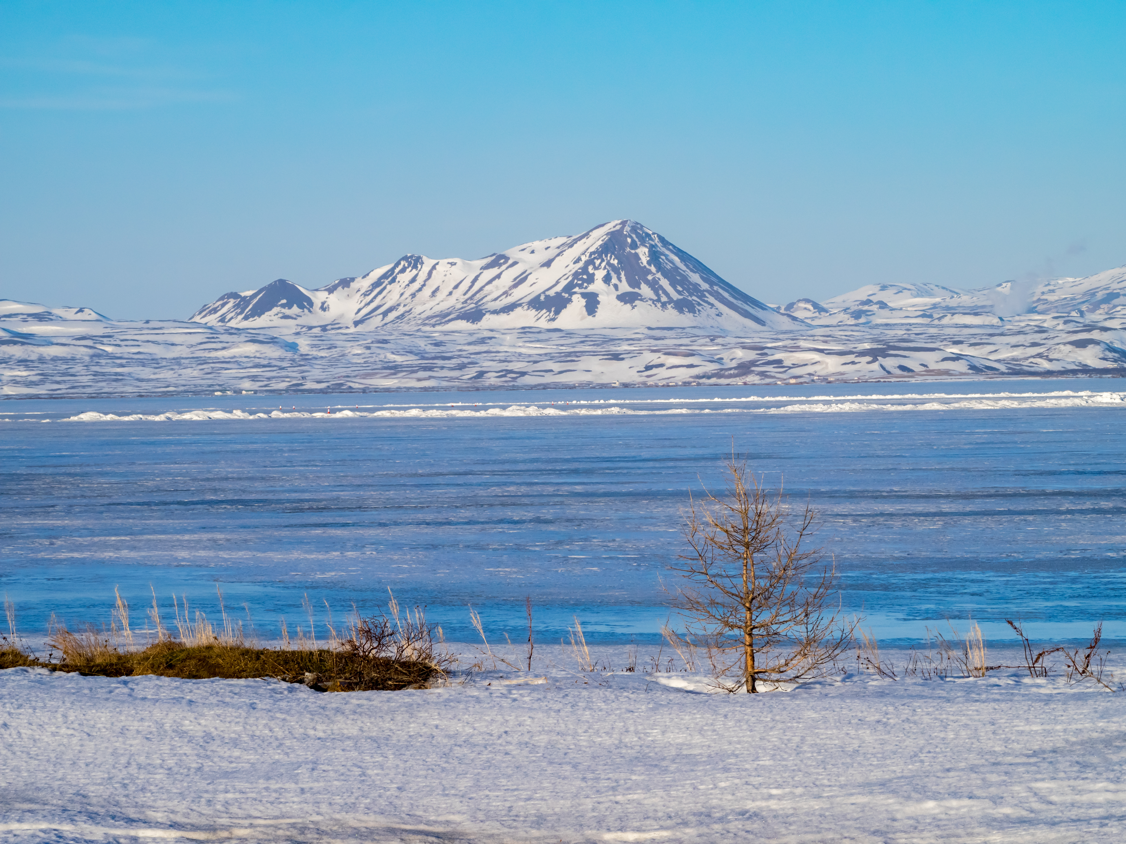 Frozen Lake Mývatn and snow-covered volcanic mountains in winter