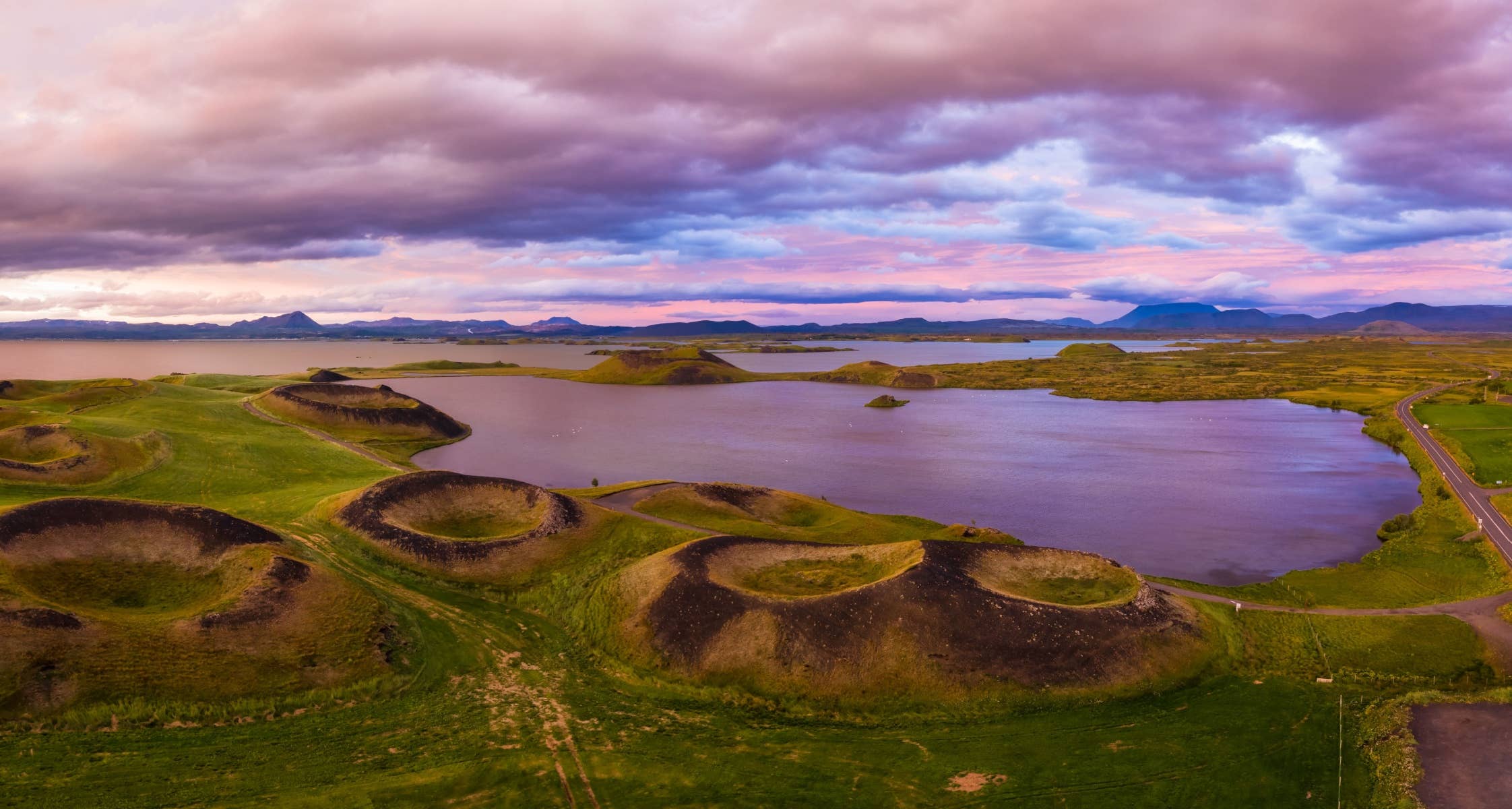 Lake Mývatn shoreline and pseudo-craters seen from above in North Iceland.