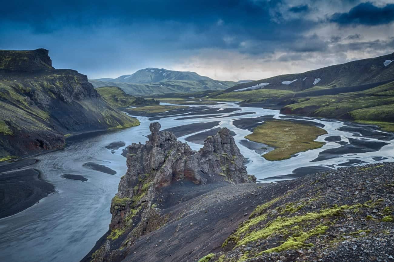 Þórsmörk valley with braided rivers and green Highland slopes