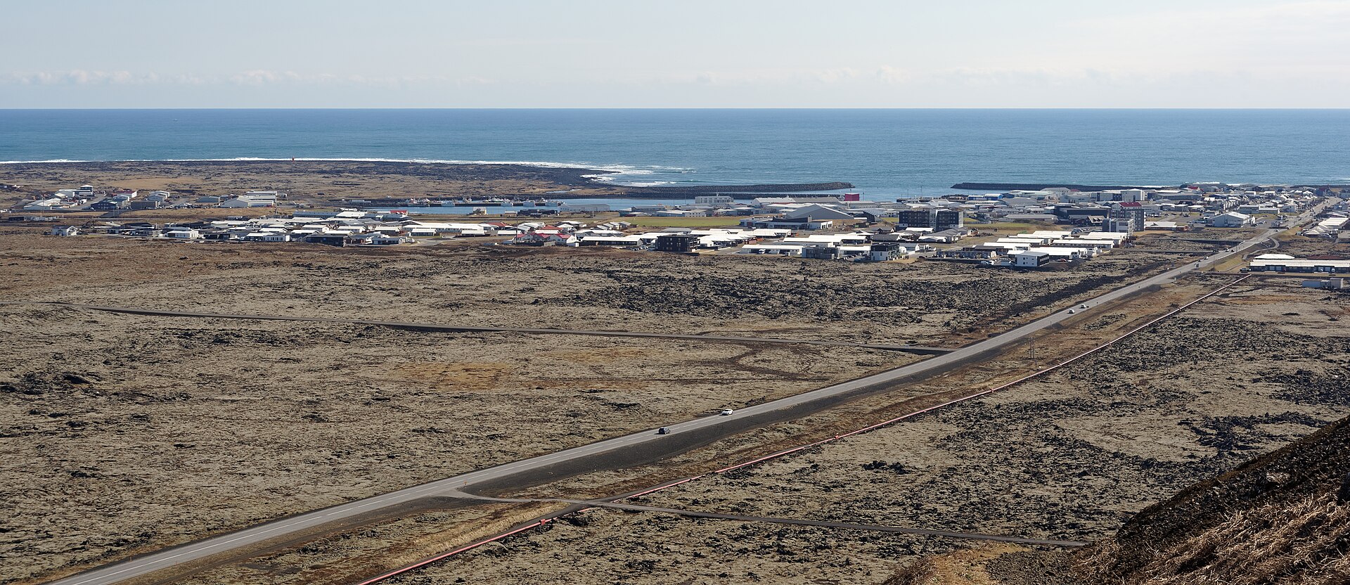 Grindavik sits between dark lava fields and the Atlantic on the Reykjanes Peninsula.