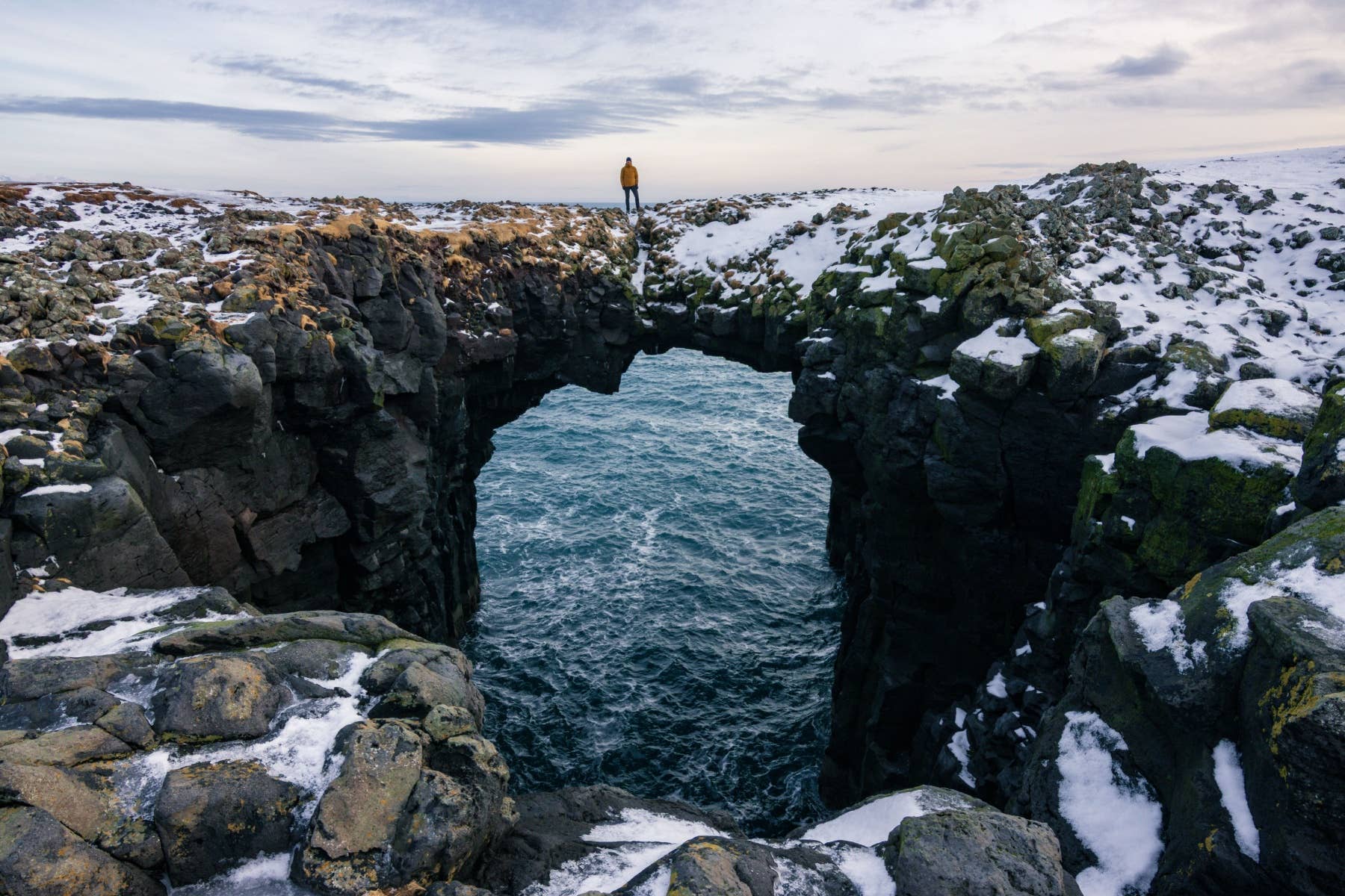 A natural sea arch at Arnarstapi shows exposed coastal conditions on Snæfellsnes.