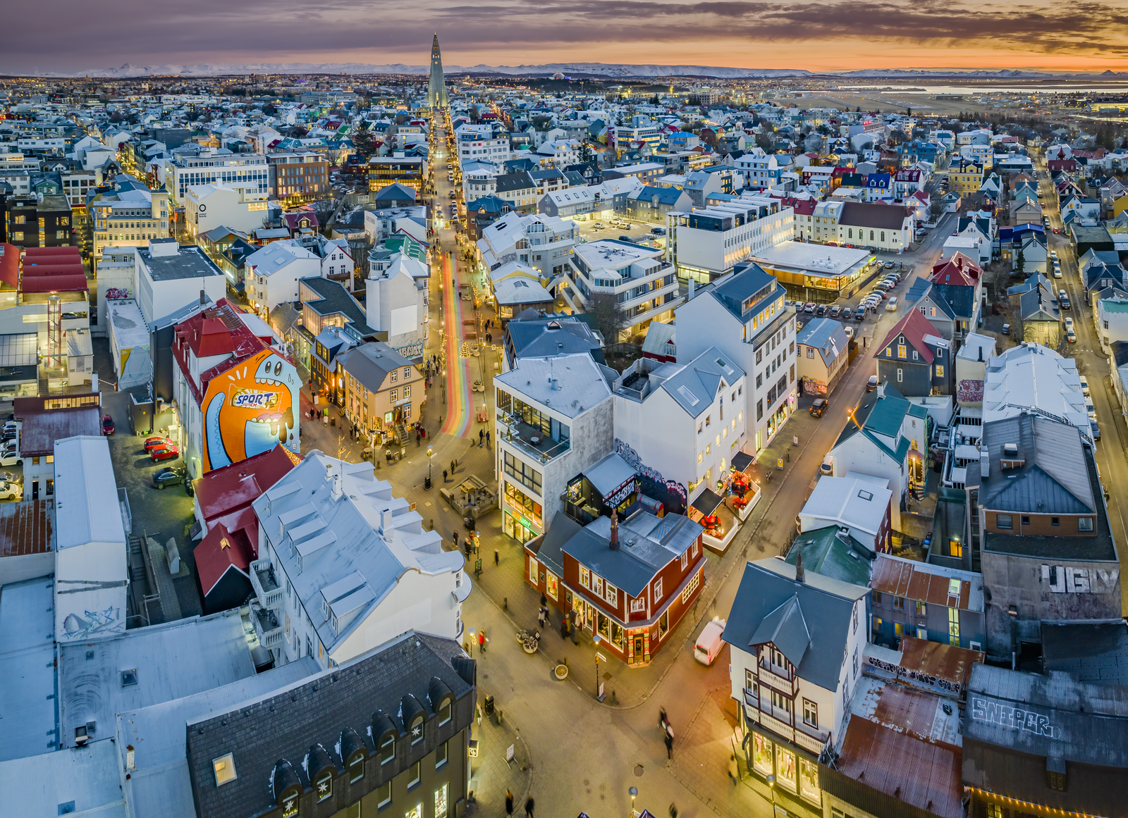 Aerial view of Reykjavík's connected central shopping streets at dusk