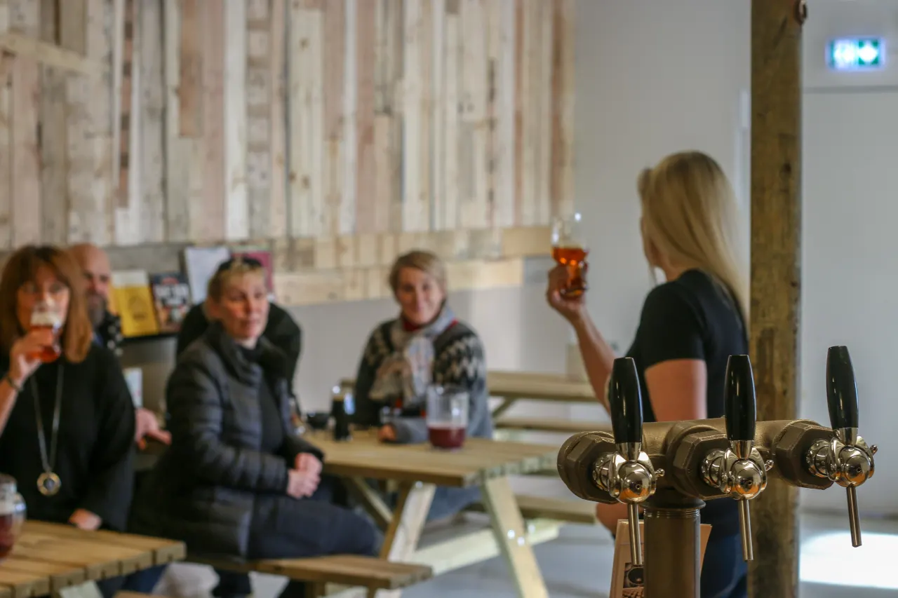 Host speaking to an adult tasting group beside brewery taps in South Iceland