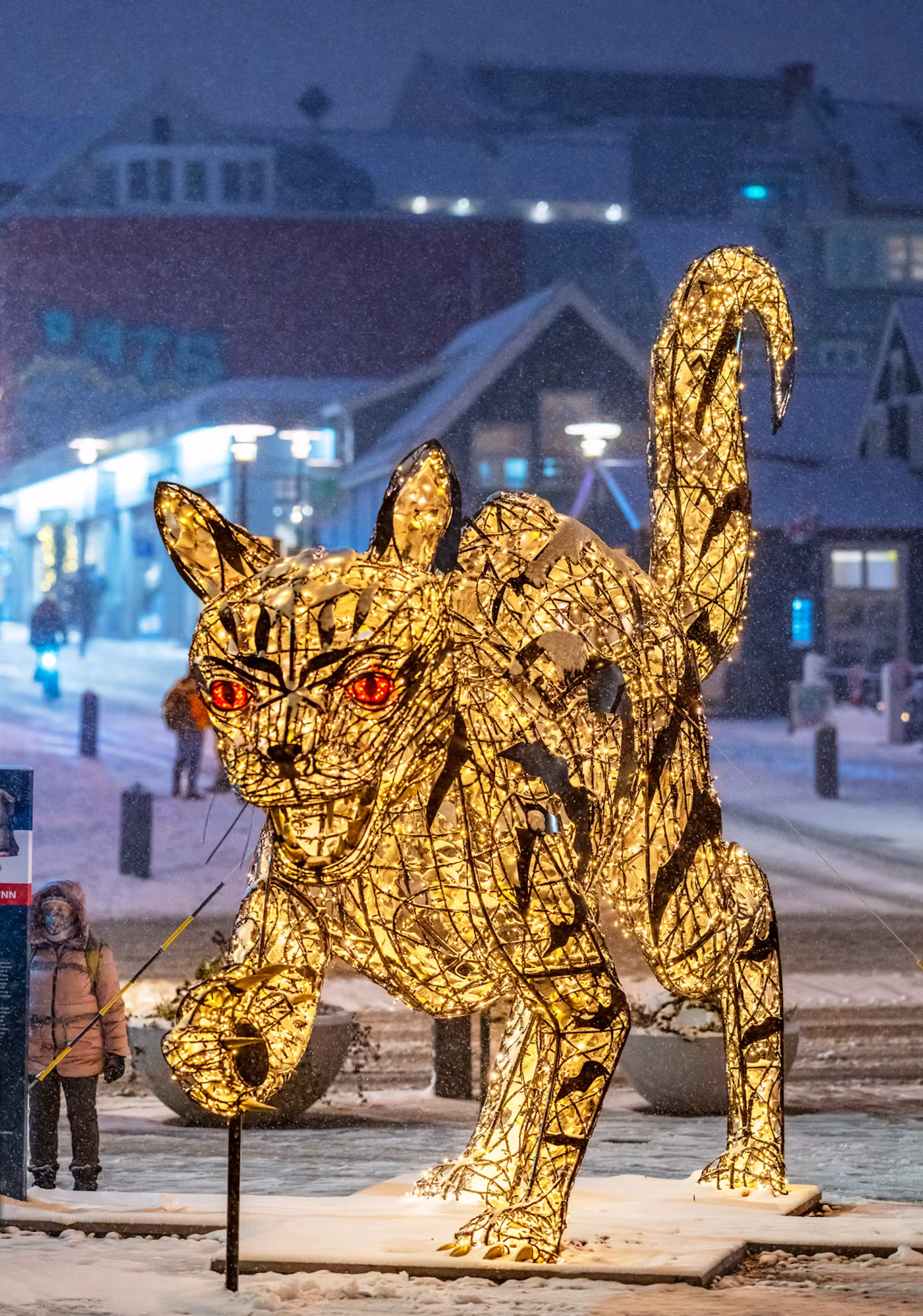 Illuminated Reykjavík Christmas Cat sculpture standing in a snowy city street