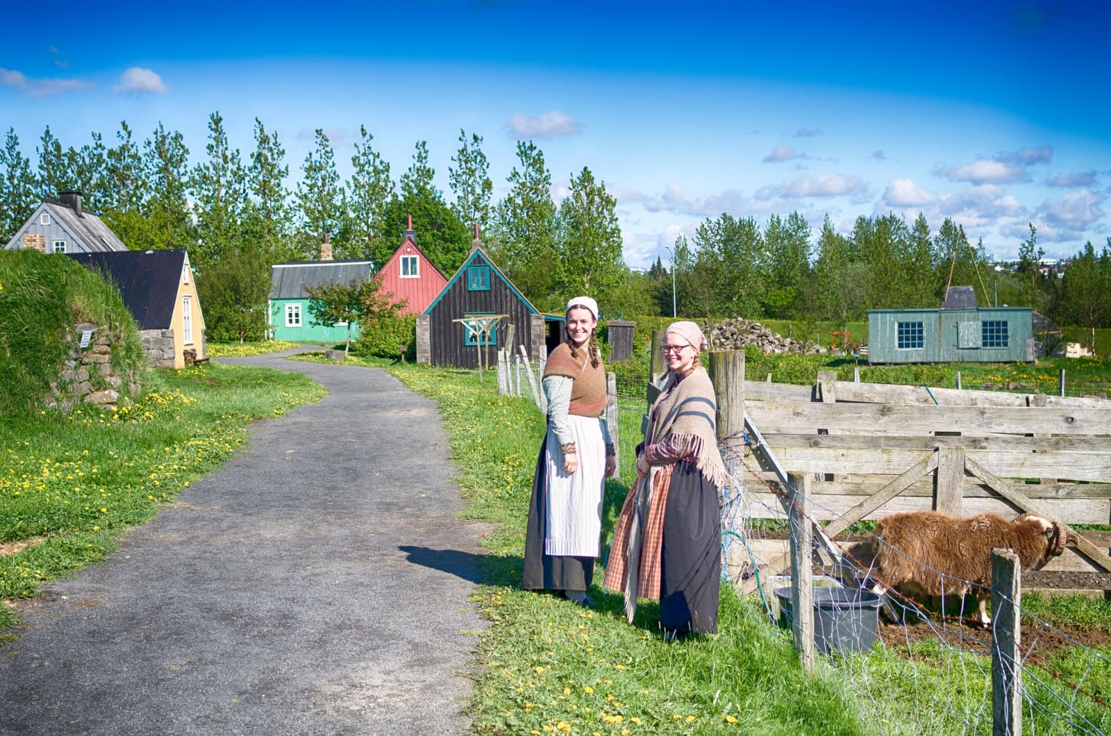 Costumed interpreters walking through Árbær Open Air Museum with historic buildings and a goat