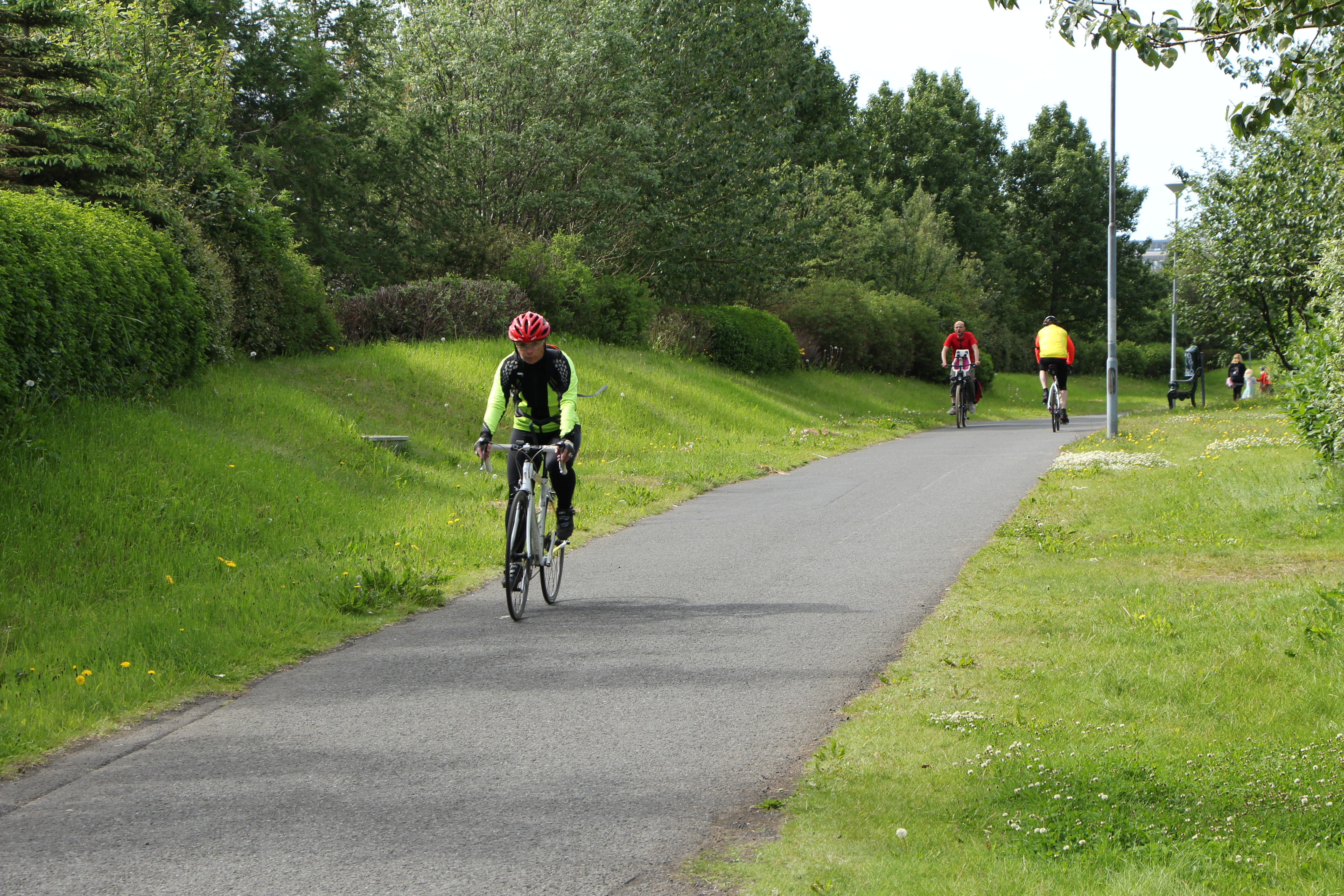 Cyclists riding in both directions on a green Reykjavík bike path
