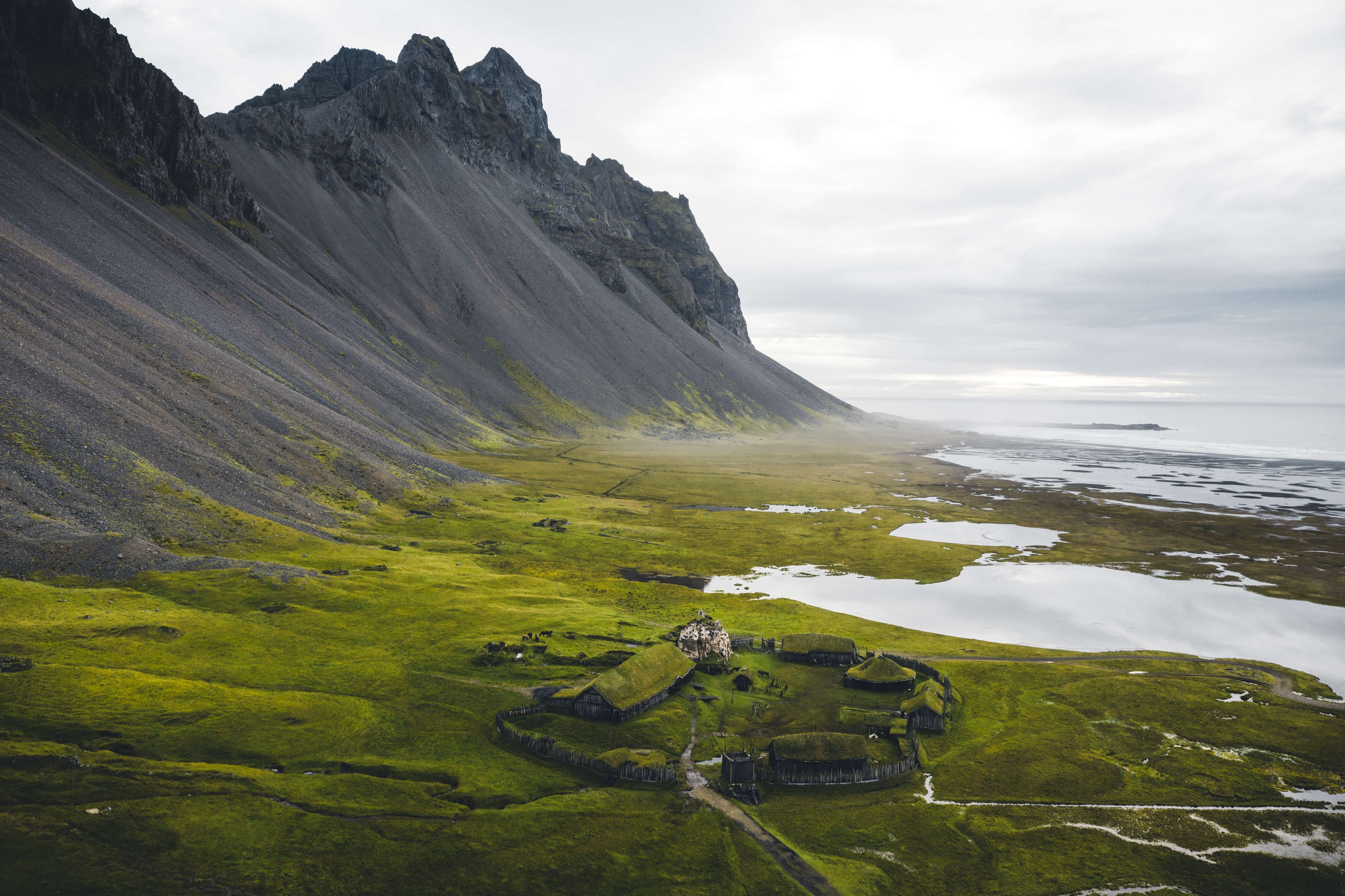Aerial view of the constructed Viking Village film set below Vestrahorn at Stokksnes