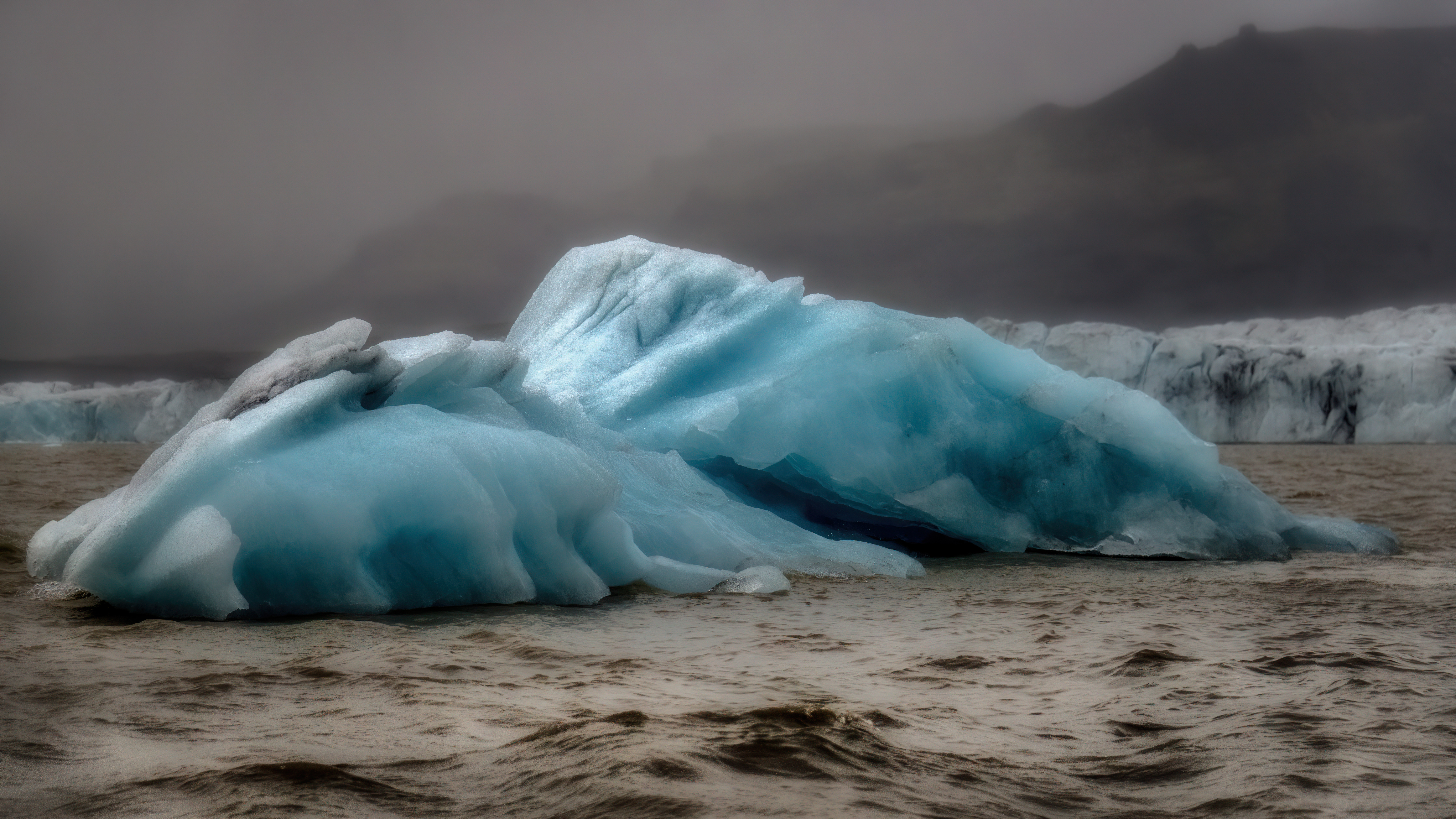 Blue iceberg floating on dark water at Fjallsárlón below the glacier