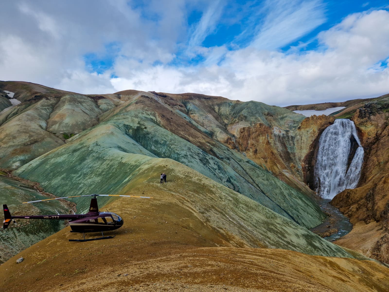 A helicopter and passengers beside a waterfall at a remote Icelandic highland landing site.