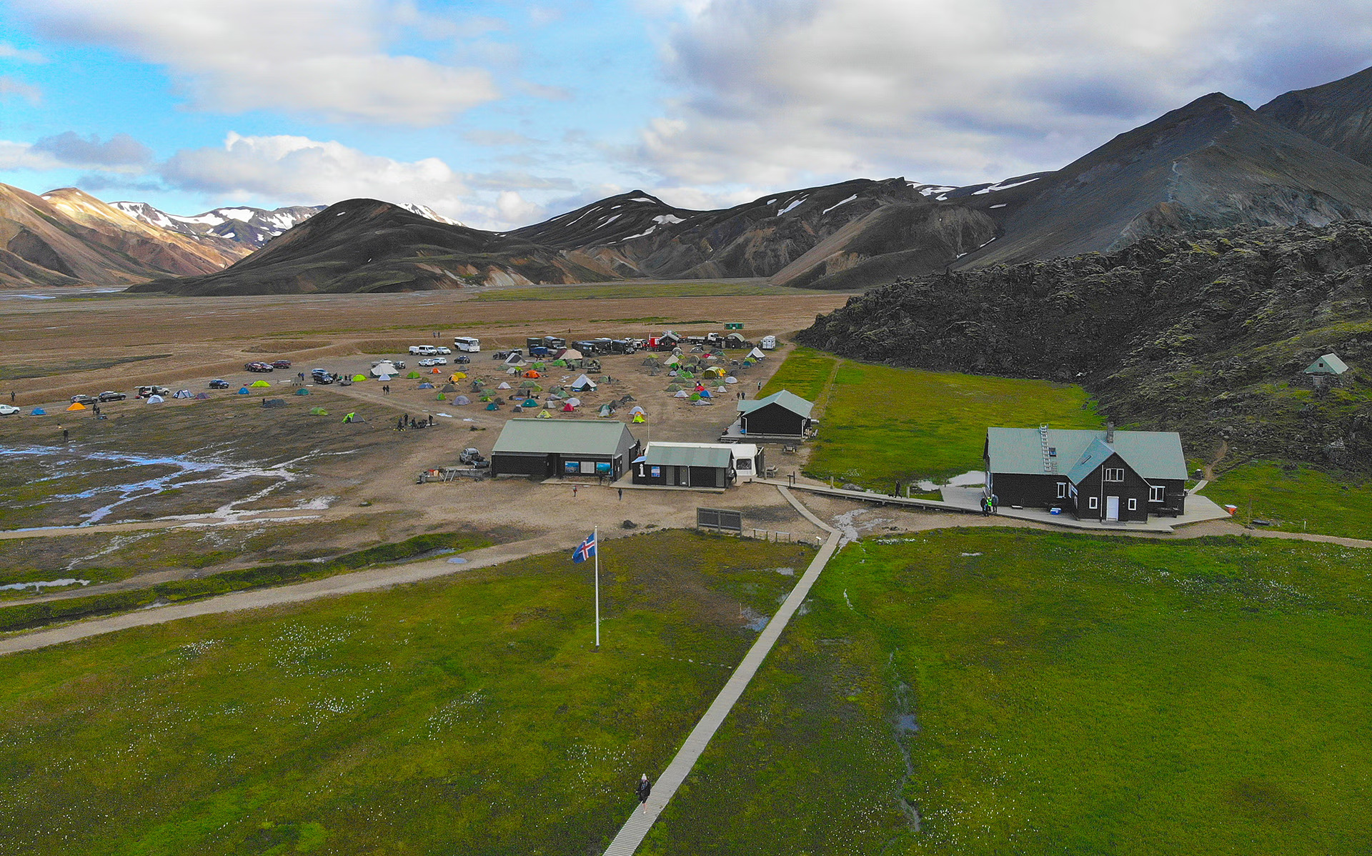 Landmannalaugar hut, campsite, boardwalk, and rhyolite mountains in the Fjallabak Nature Reserve.