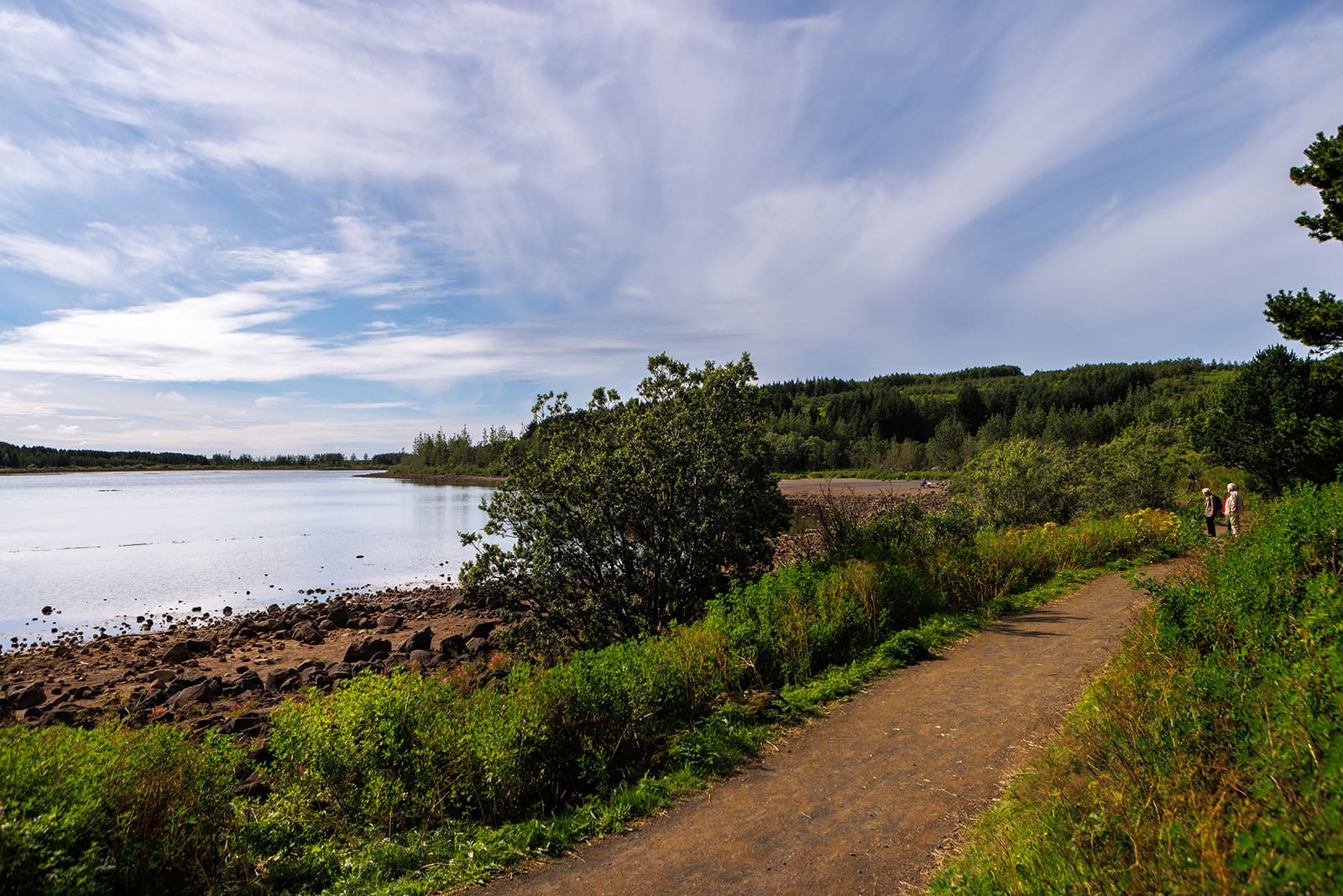 Walking path and lake edge at Hvaleyrarvatn near Hafnarfjordur.