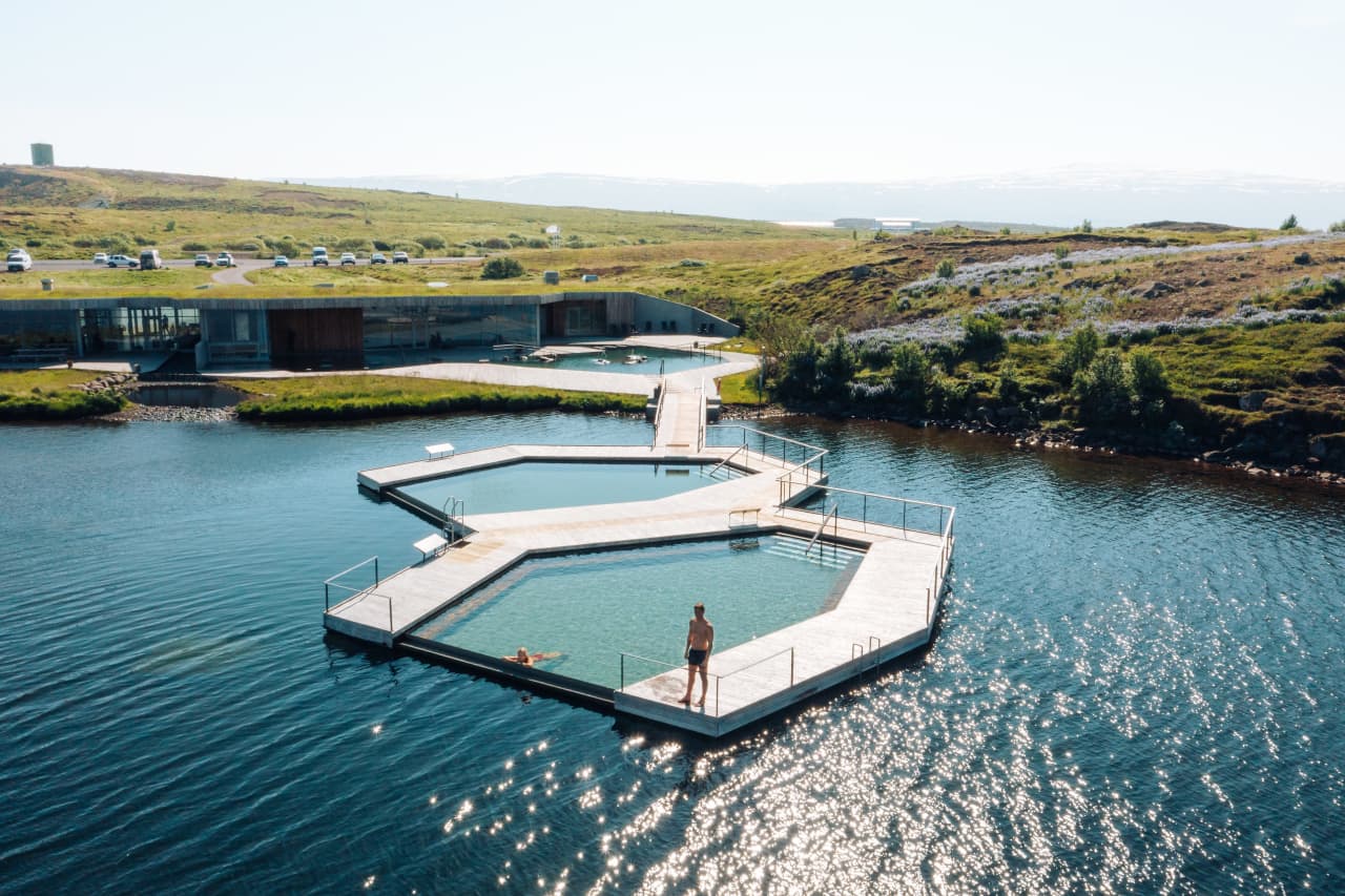 Floating geothermal pools at Vök Baths on a lake in East Iceland