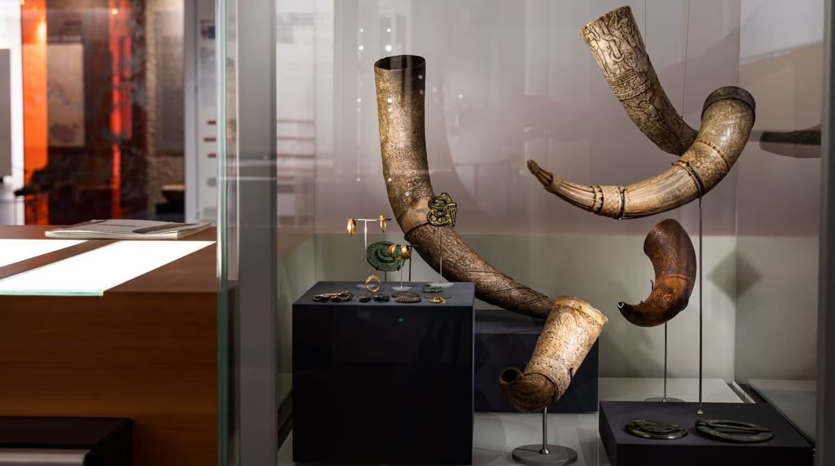 Decorated drinking horns displayed at the National Museum of Iceland