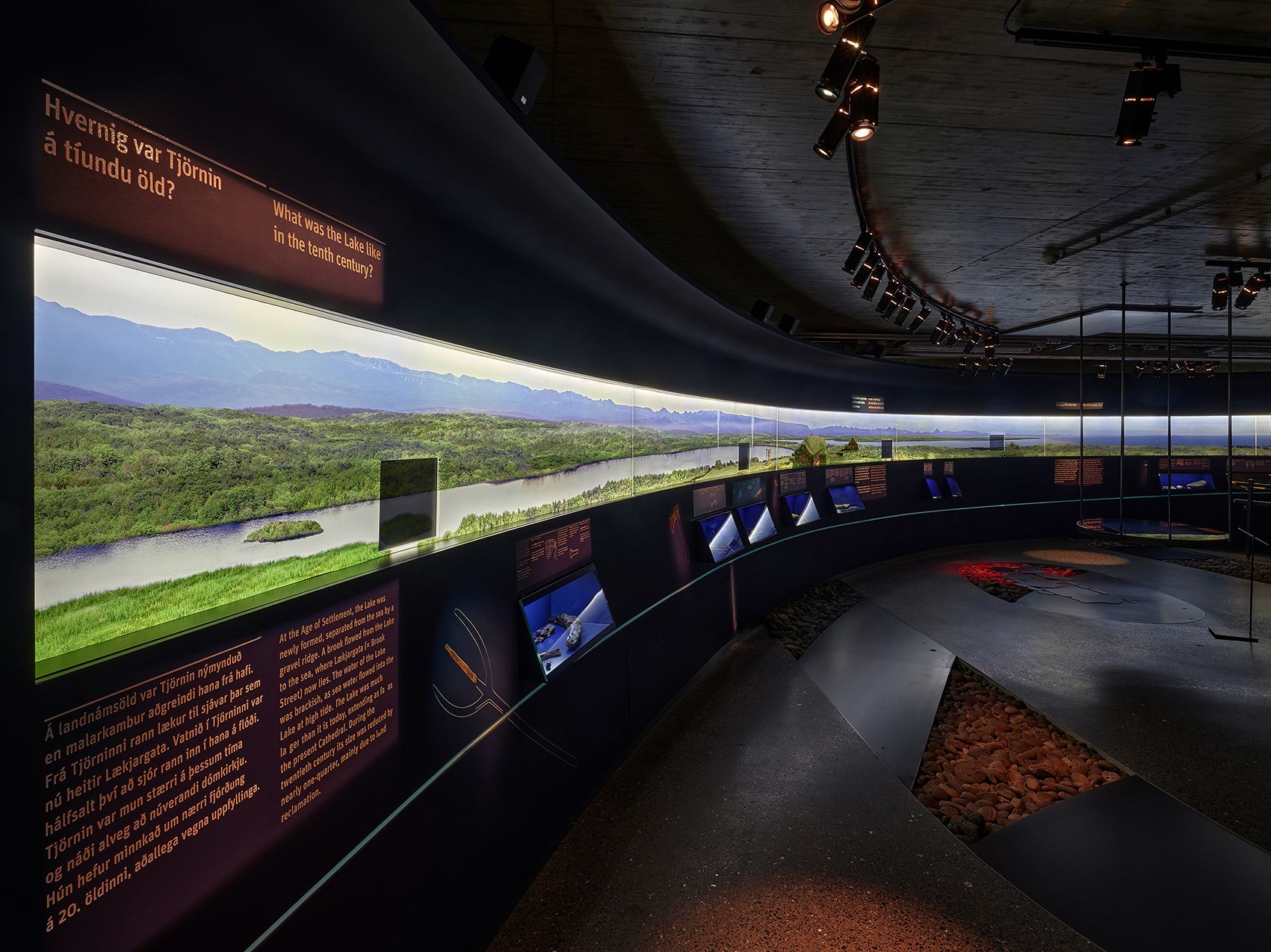 Exhibition room surrounding the Viking Age longhouse remains in Reykjavík