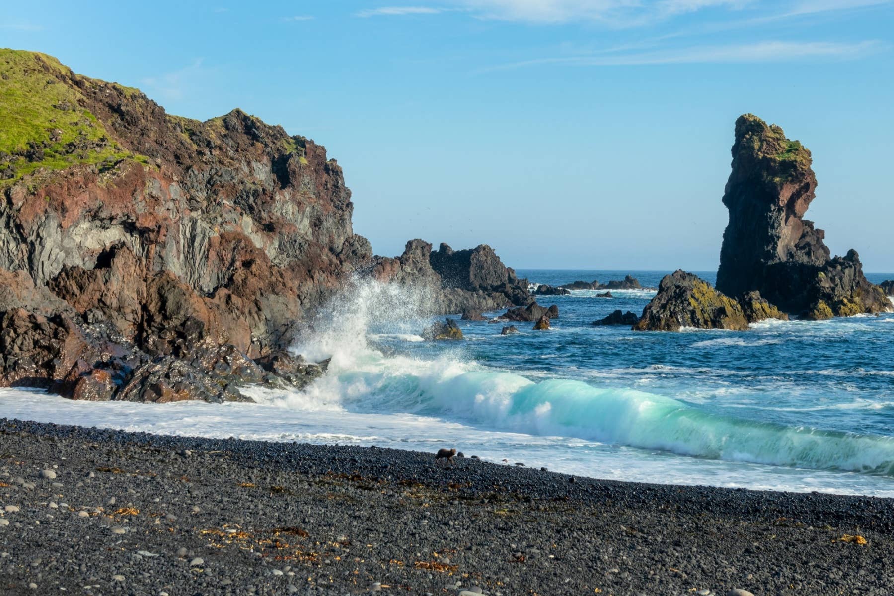 Black-pebble beach, lava cliffs, and sea stacks on the Snæfellsnes coast