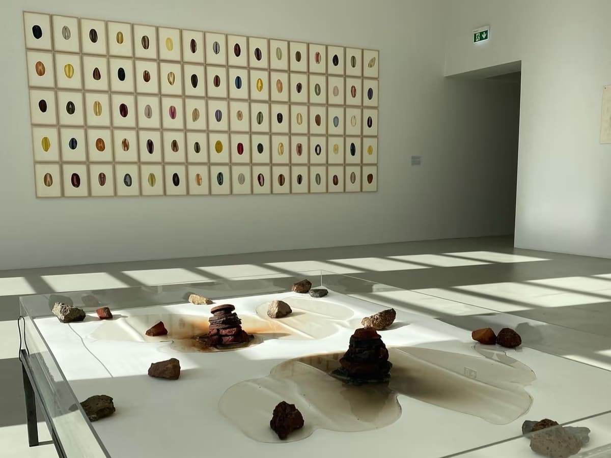 Bright gallery inside Akureyri Art Museum with framed works and a central installation