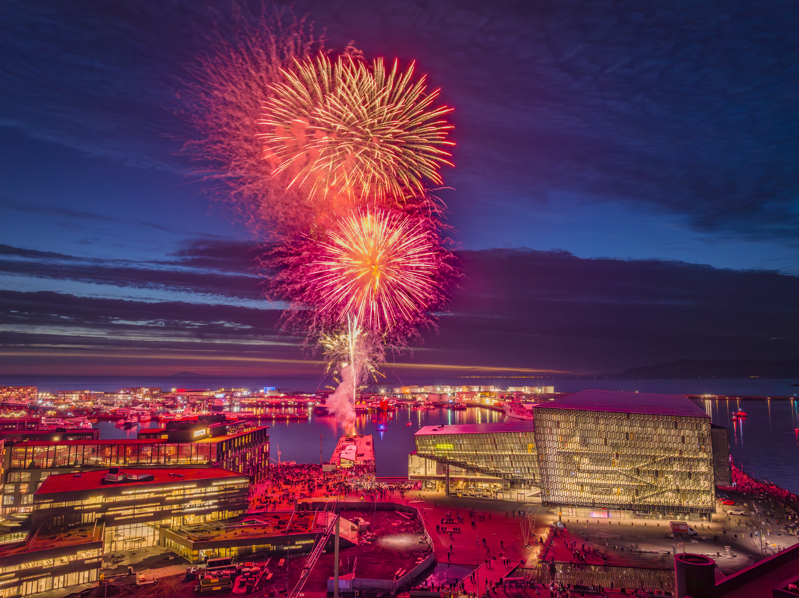 Fireworks over Harpa and the Reykjavík Culture Night crowds