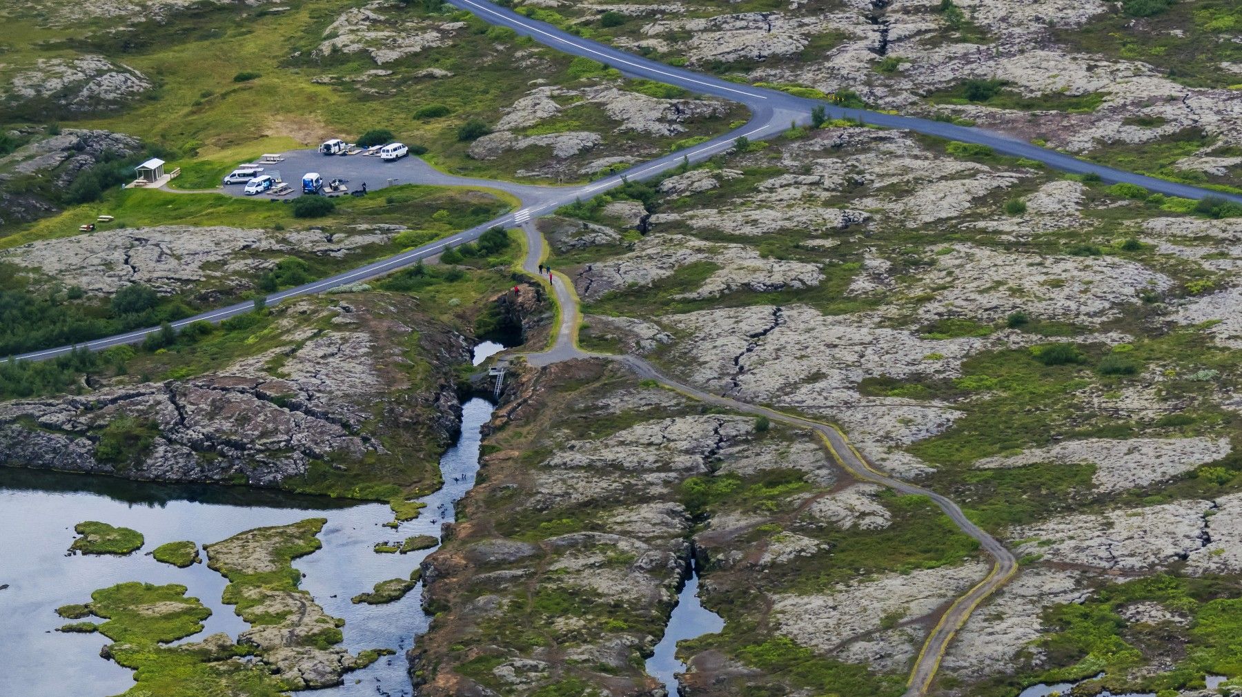 Aerial view of Silfra, the meeting area, paths, and nearby roads in Thingvellir.
