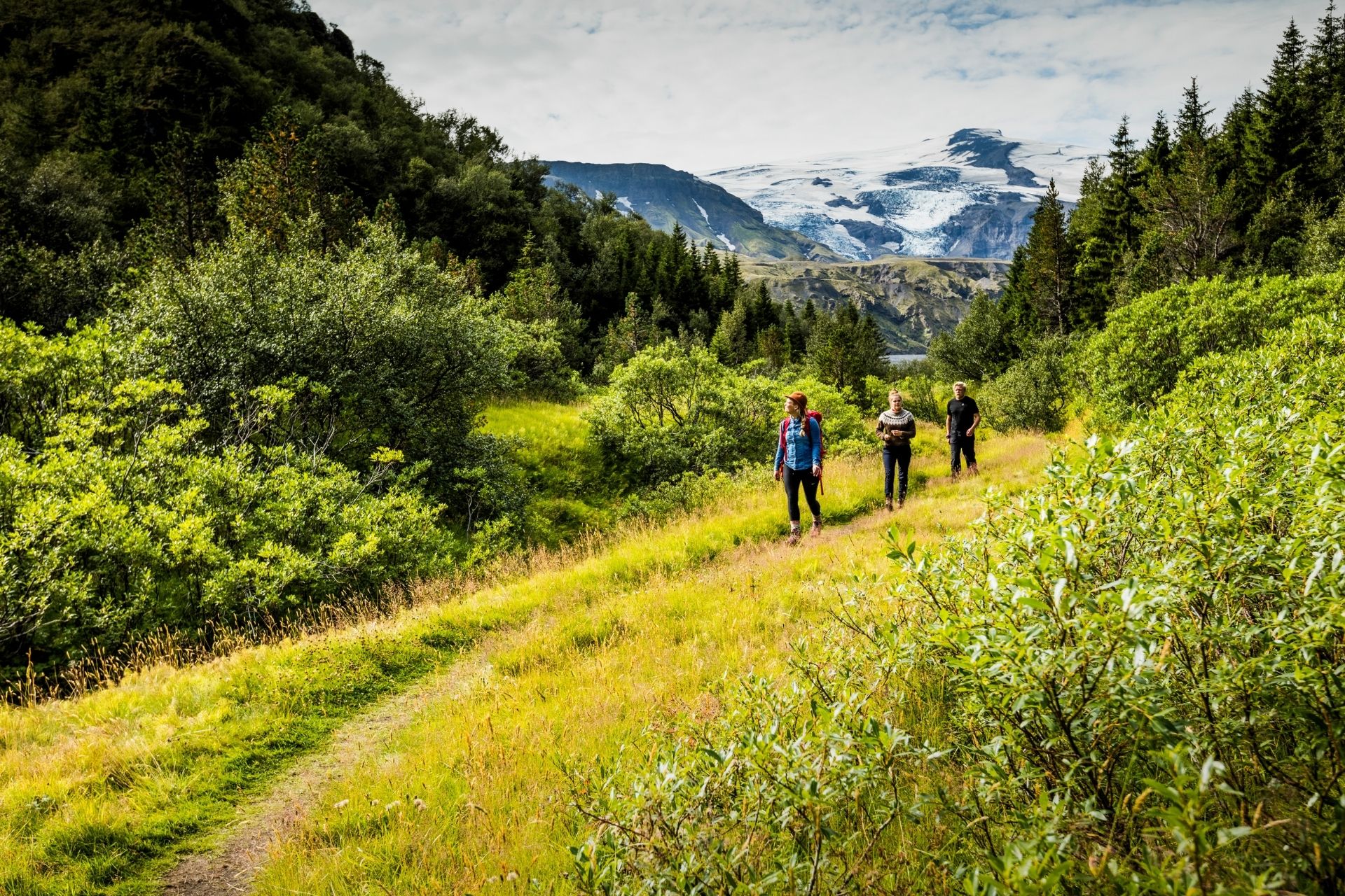 Three travelers walking through green Þórsmörk woodland with a glacier behind
