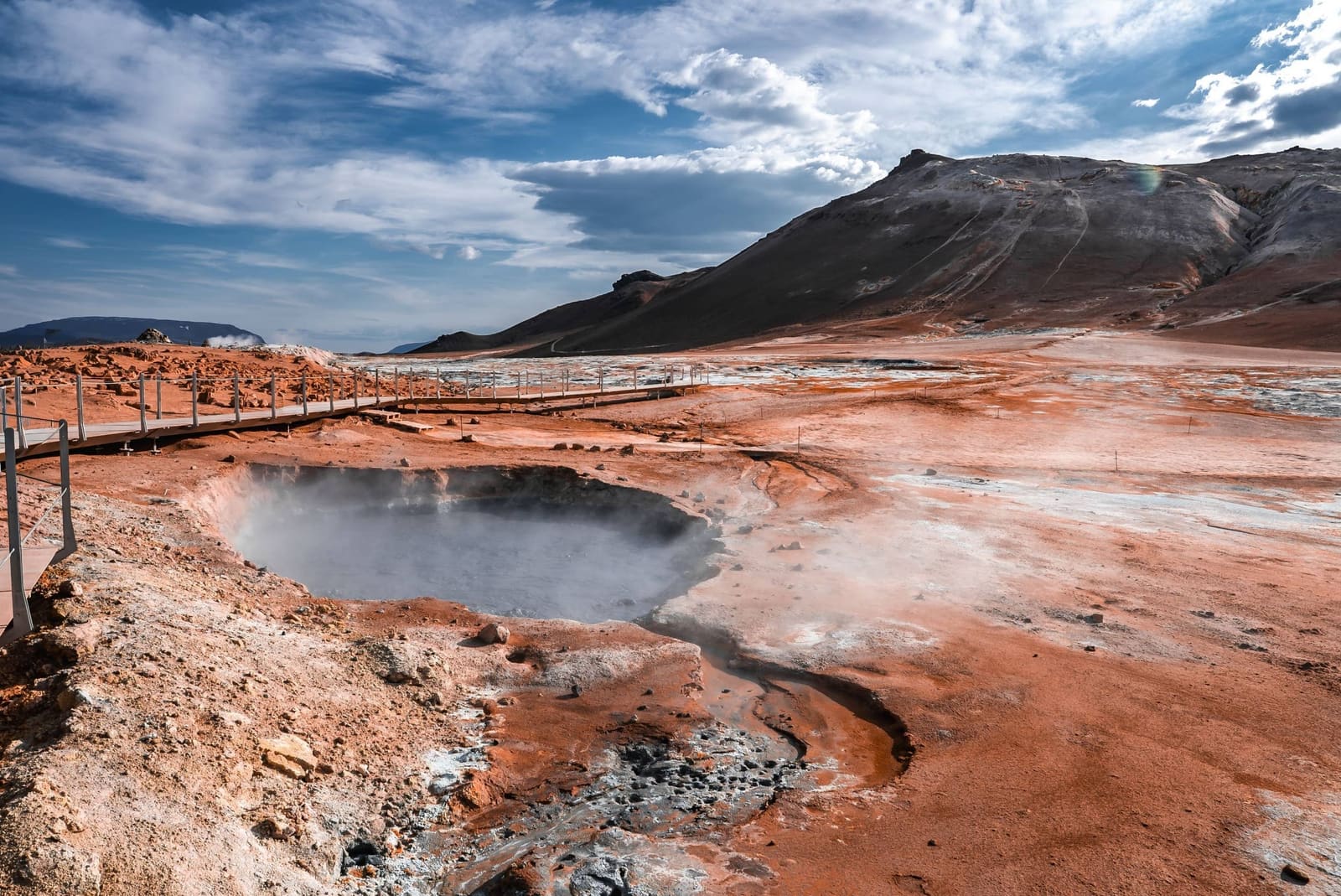 Steam rising from mineral-colored volcanic ground at Hverir geothermal area