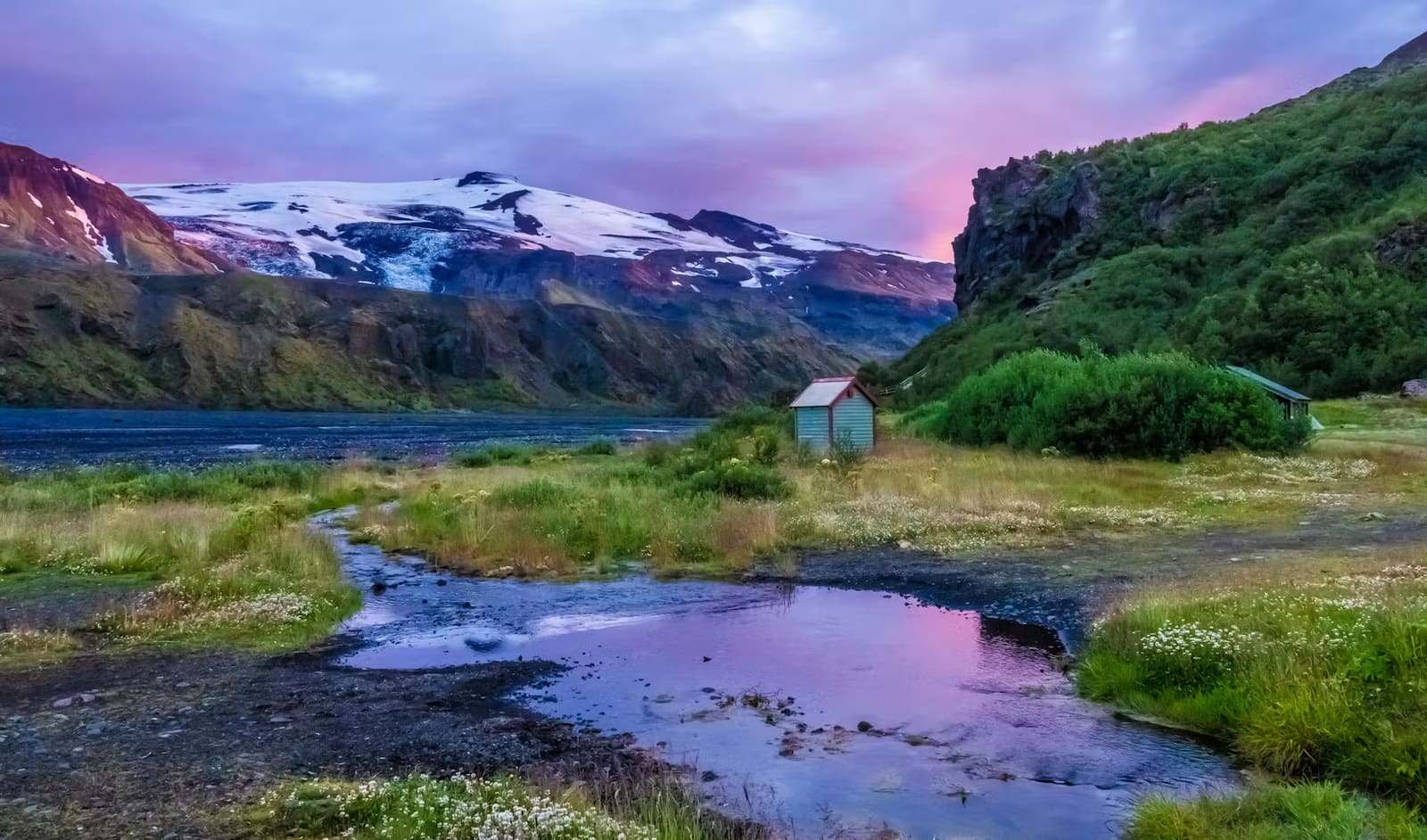 Thorsmork landscape under Iceland midnight sun in summer