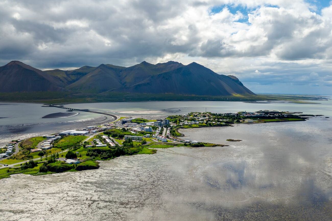 Borgarnes town and mountains on a westbound Iceland route
