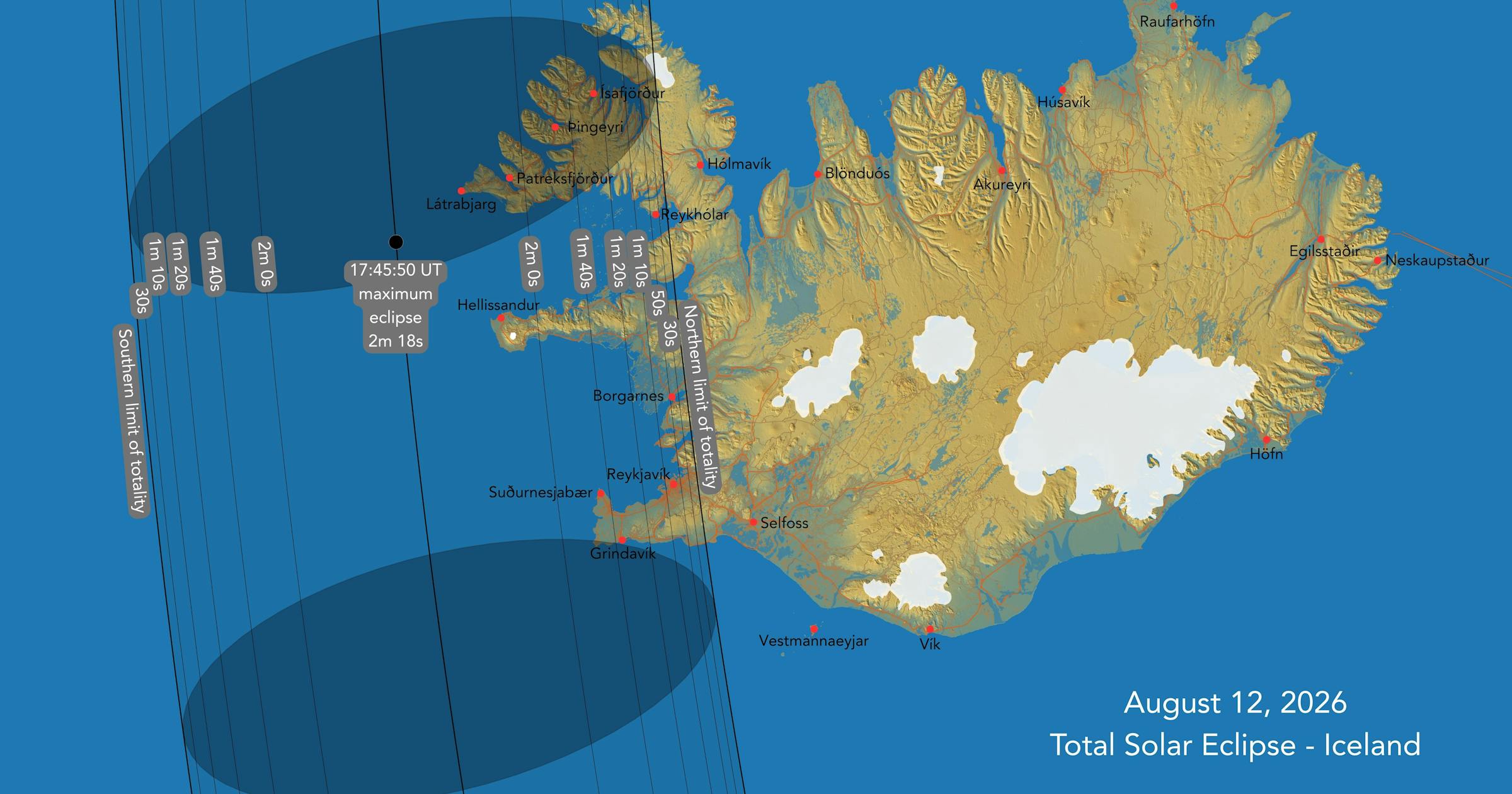 Map of Iceland showing the August 12, 2026 path of totality and duration lines across western regions