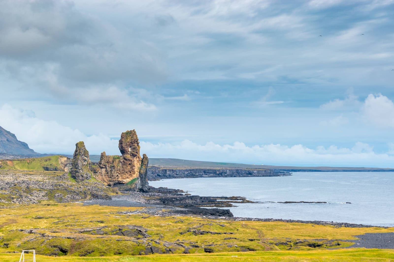 Lóndrangar sea stacks and the southern Snæfellsnes coast near Malarrif.