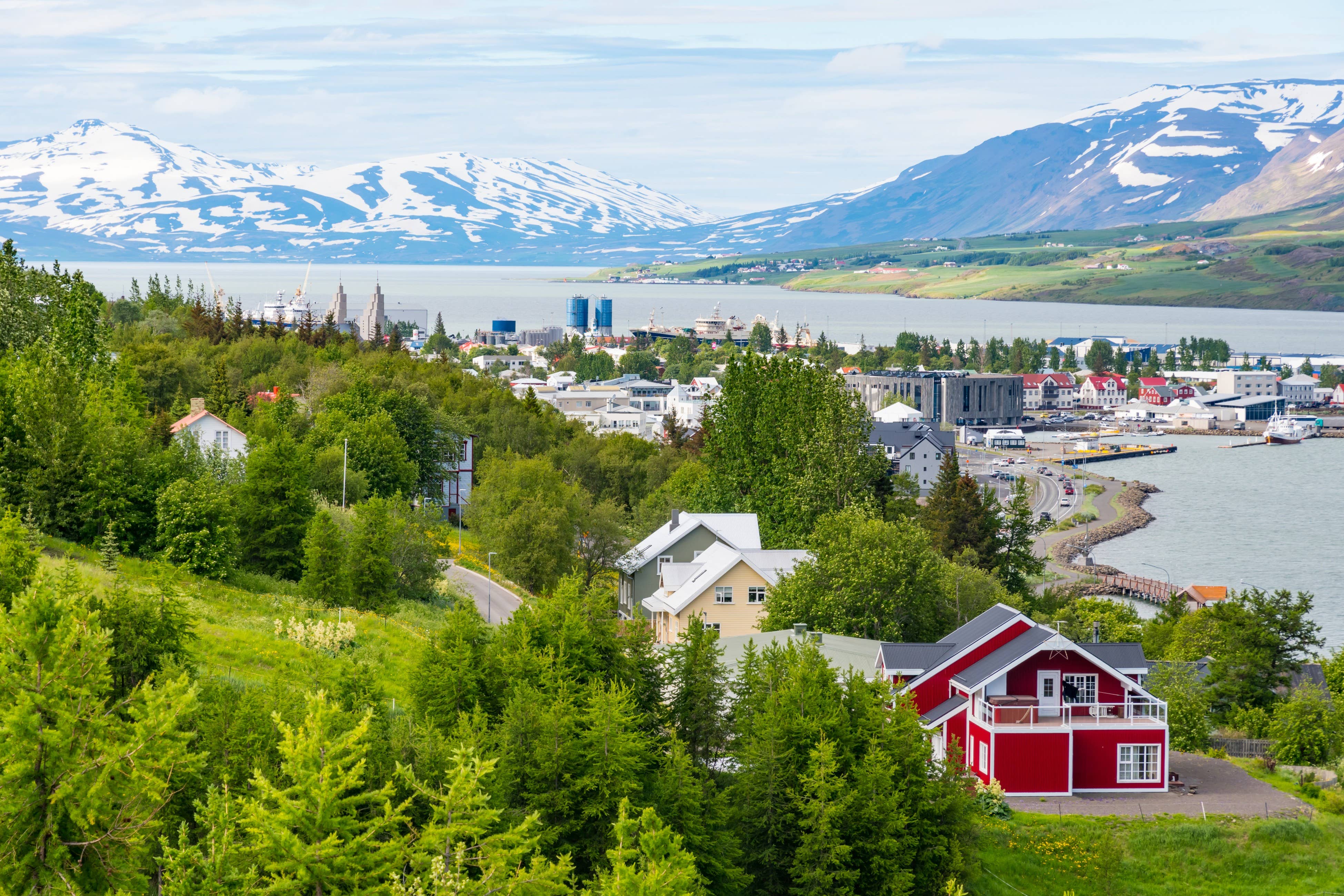Akureyri town, harbor, fjord, and mountains for a North Iceland accommodation base