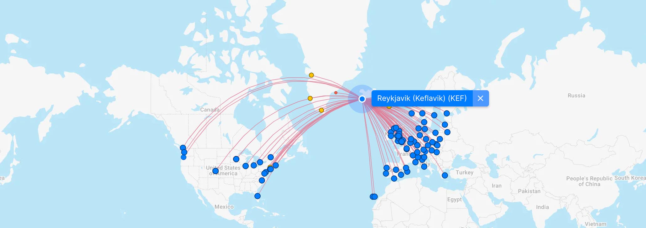 Route map showing Keflavík Airport flight connections across the Atlantic and Europe.
