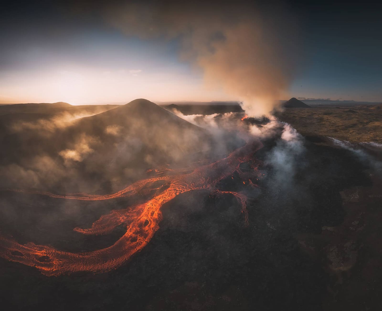 Aerial view of glowing lava spreading from the 2023 Litli-Hrútur eruption on the Reykjanes Peninsula.