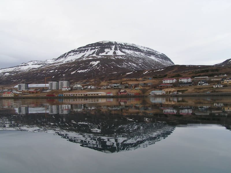 Reyðarfjörður village beside the broad fjord in East Iceland.