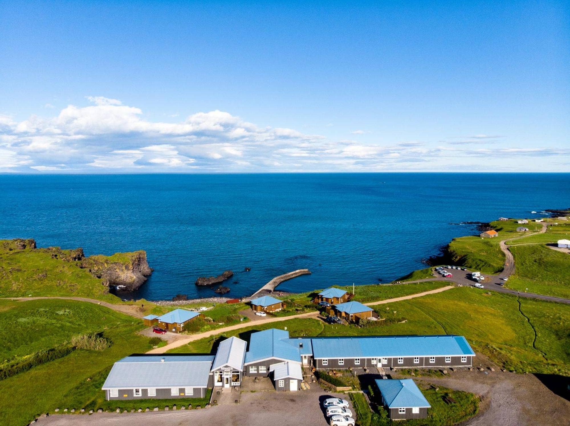 Coastal buildings and ocean views in Snæfellsjökull National Park on the Snæfellsnes Peninsula.