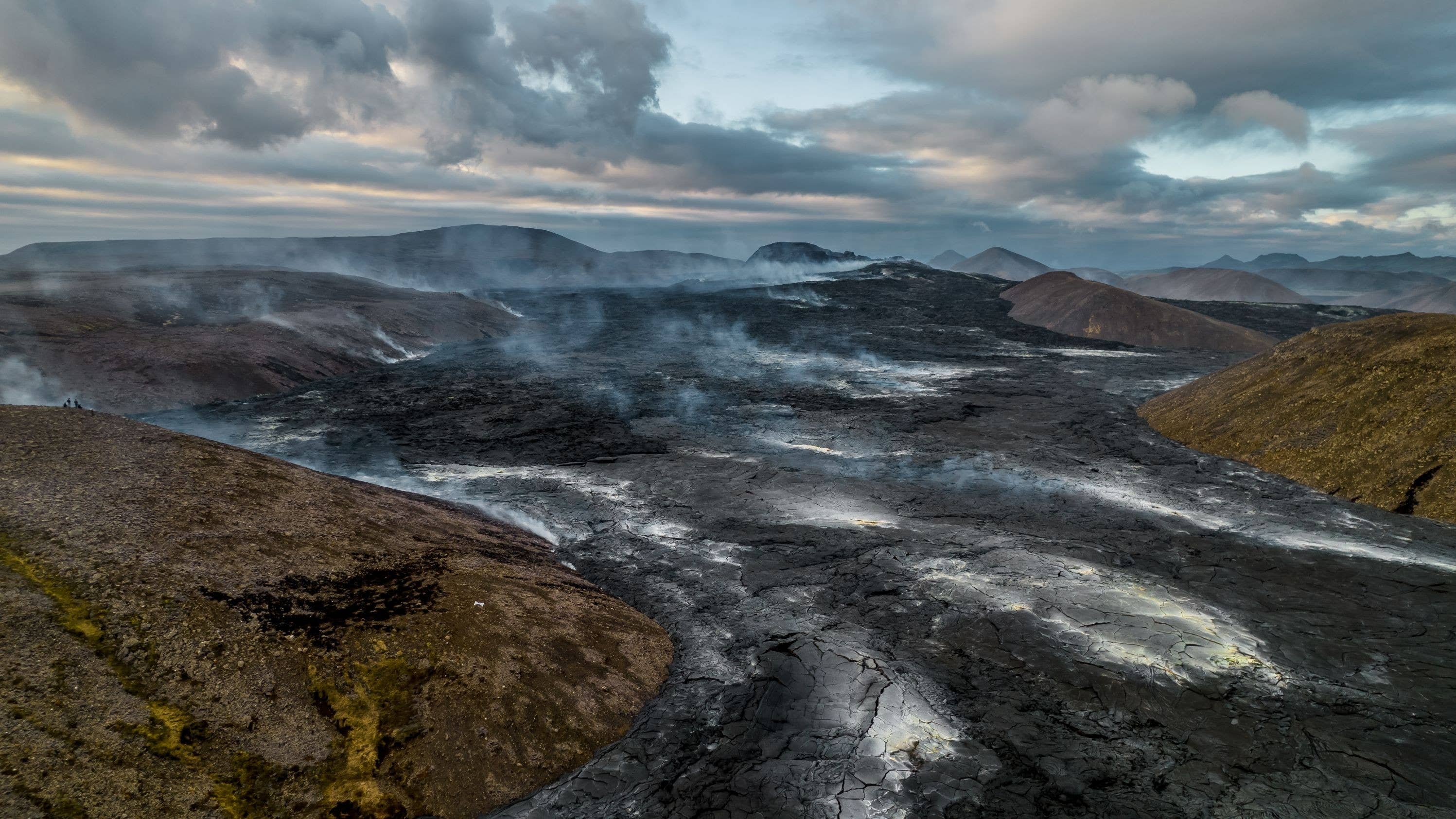 Steaming lava field in the Fagradalsfjall and Sundhnukagigar volcanic system on Reykjanes.