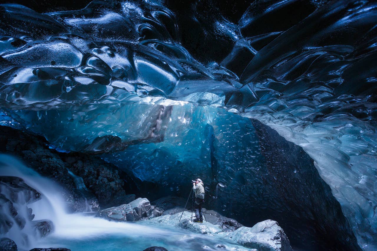 Layered blue and white ice walls inside Crystal Ice Cave near Jökulsárlón