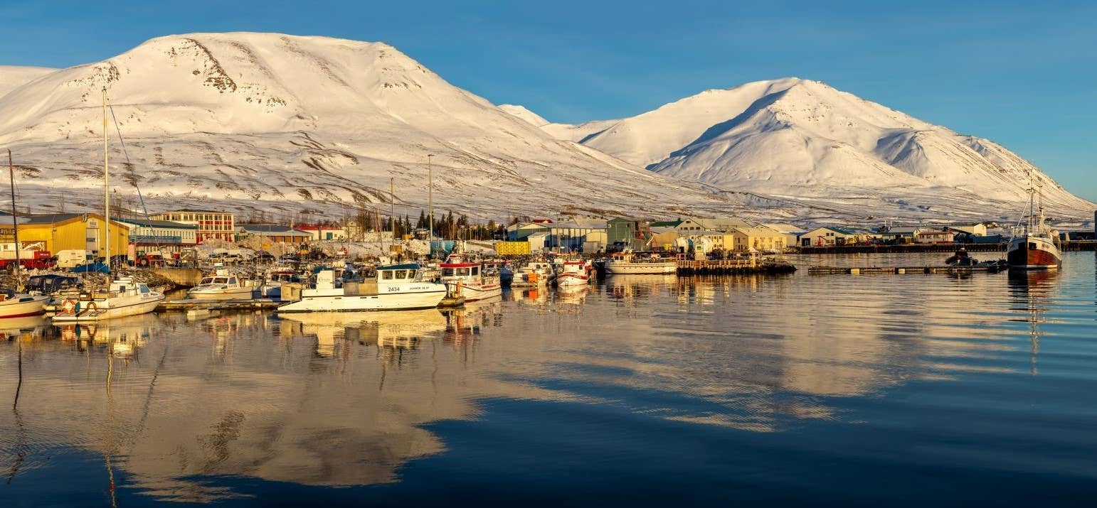 Dalvík below Tröllaskagi mountains in North Iceland.