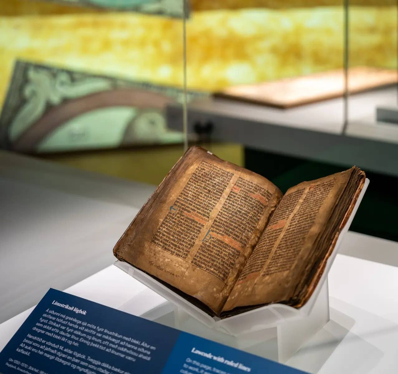 Medieval Icelandic manuscript displayed in a glass case at World in Words.
