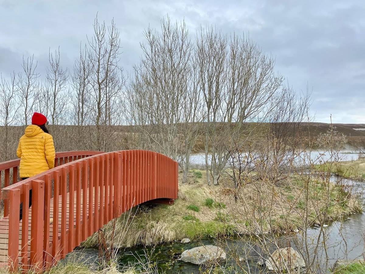 Visitor standing on a small red bridge by the Geothermal Goldfish Pond access area near Húsavík.