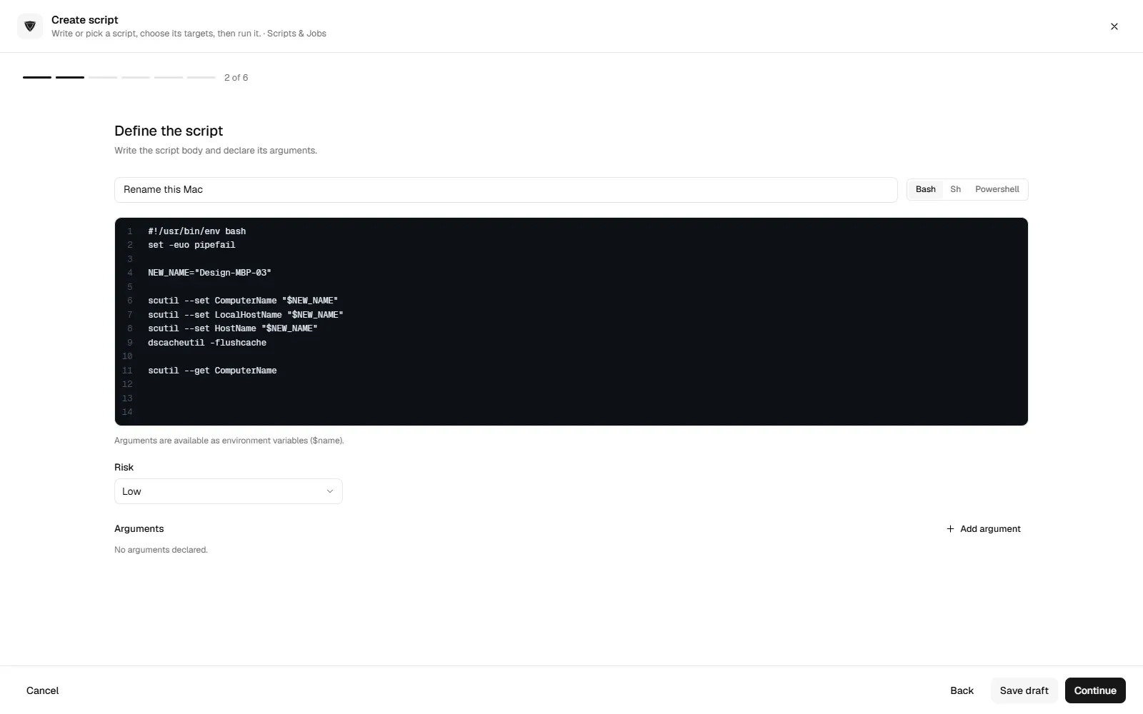 The trio.so Create script wizard with a bash script that renames a Mac using scutil.