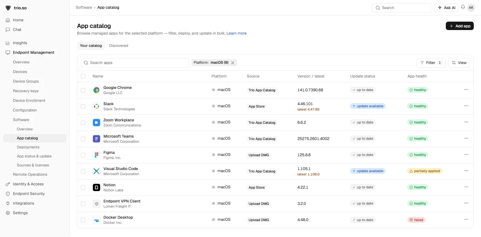 The trio.so app catalog with macOS apps ready to deploy to enrolled Macs.