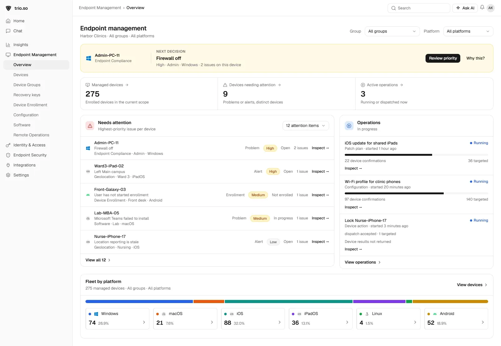 The trio.so Endpoint Management overview showing devices across Windows, macOS, Linux, iOS and Android.