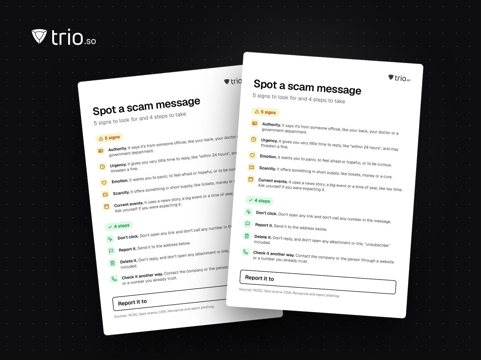 The Spot a scam message desk poster: 5 signs and 4 steps, with a box for your report address
