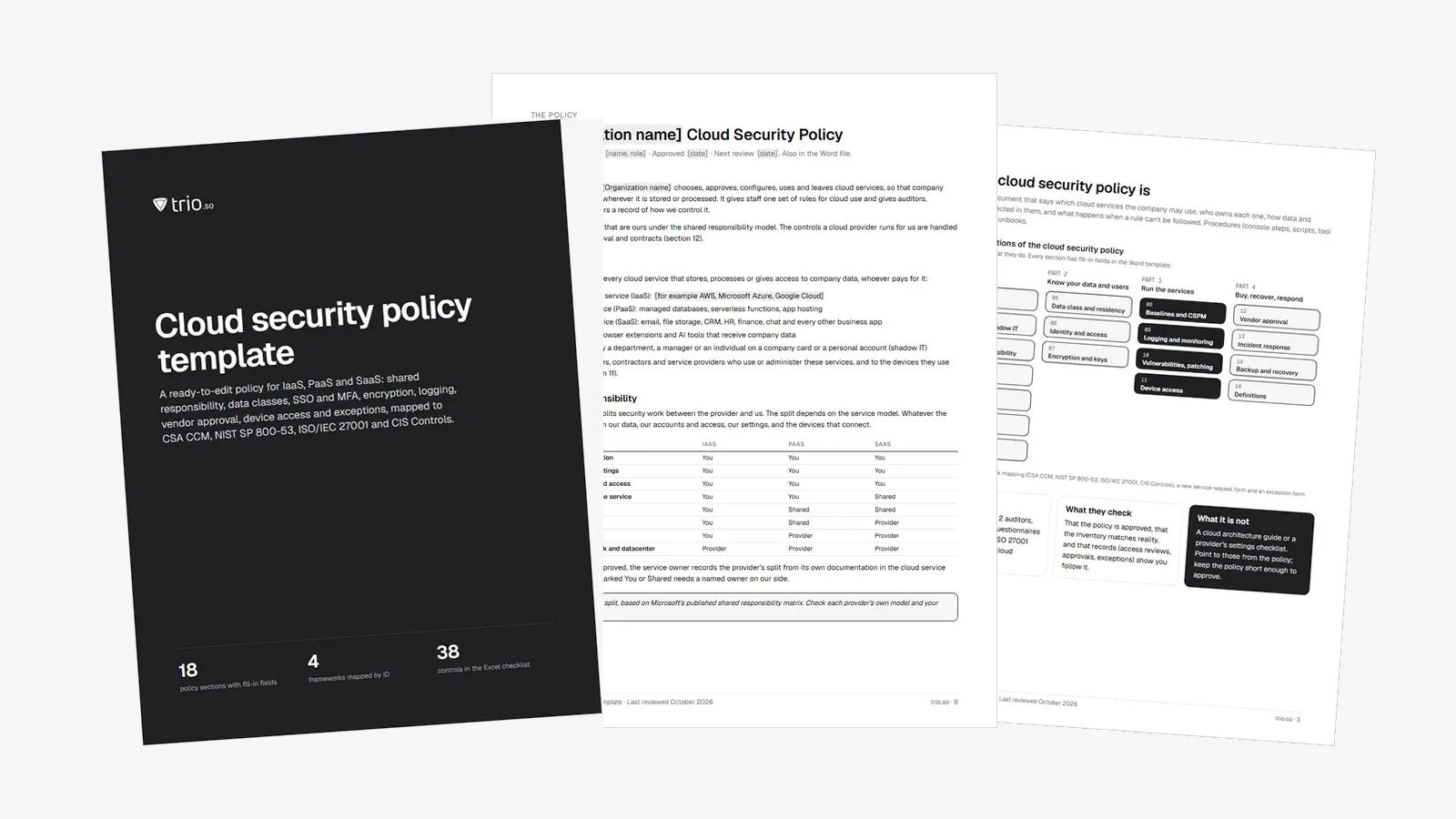 Preview of the cloud security policy template: Word policy, PDF guide and Excel tracker