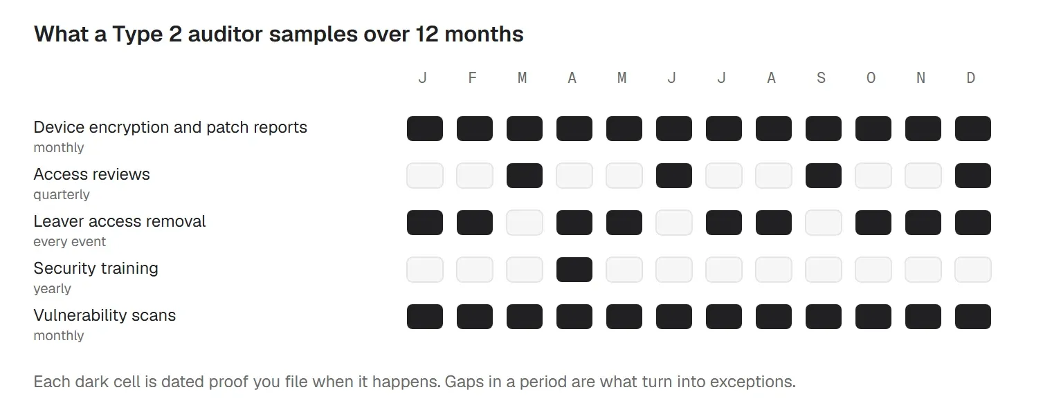 What a Type 2 auditor samples across a 12-month observation window