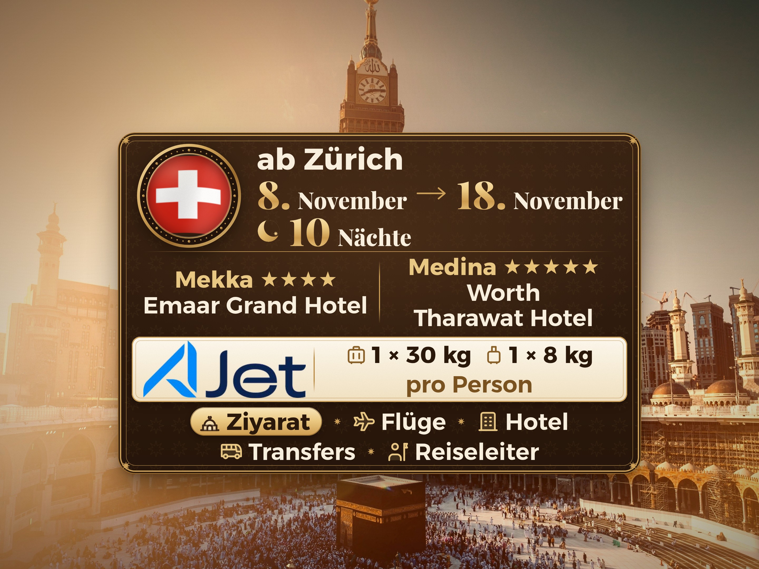 Umrah-Paket 12 Tage ab Zürich, Tharawat Worth Madinah und Emaar Grand Makkah, Mekka – Umrah Express – 1