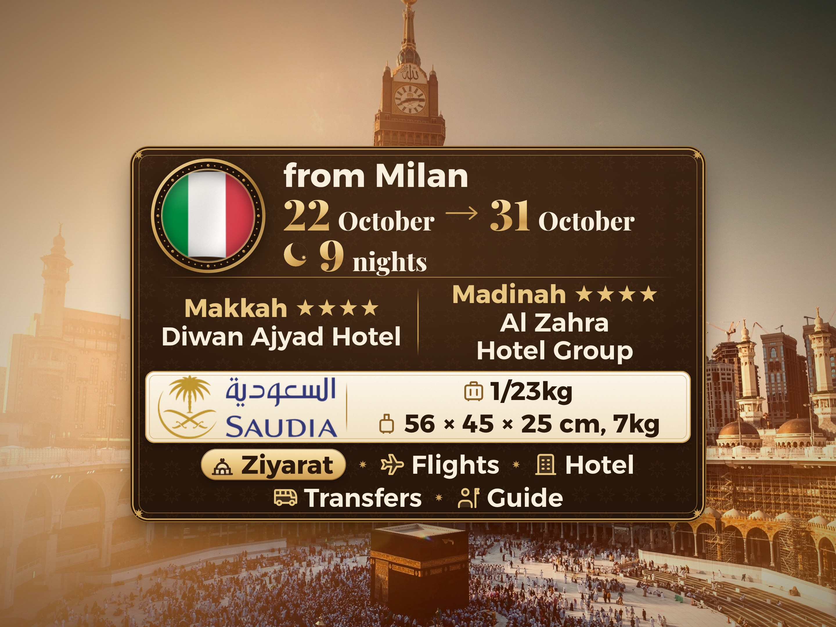 Package Umrah 10 Days 9 Nights - Emaar Al Diwan Ajyad Hotel Makkah - Al Zahraa Hotel Group Madinah